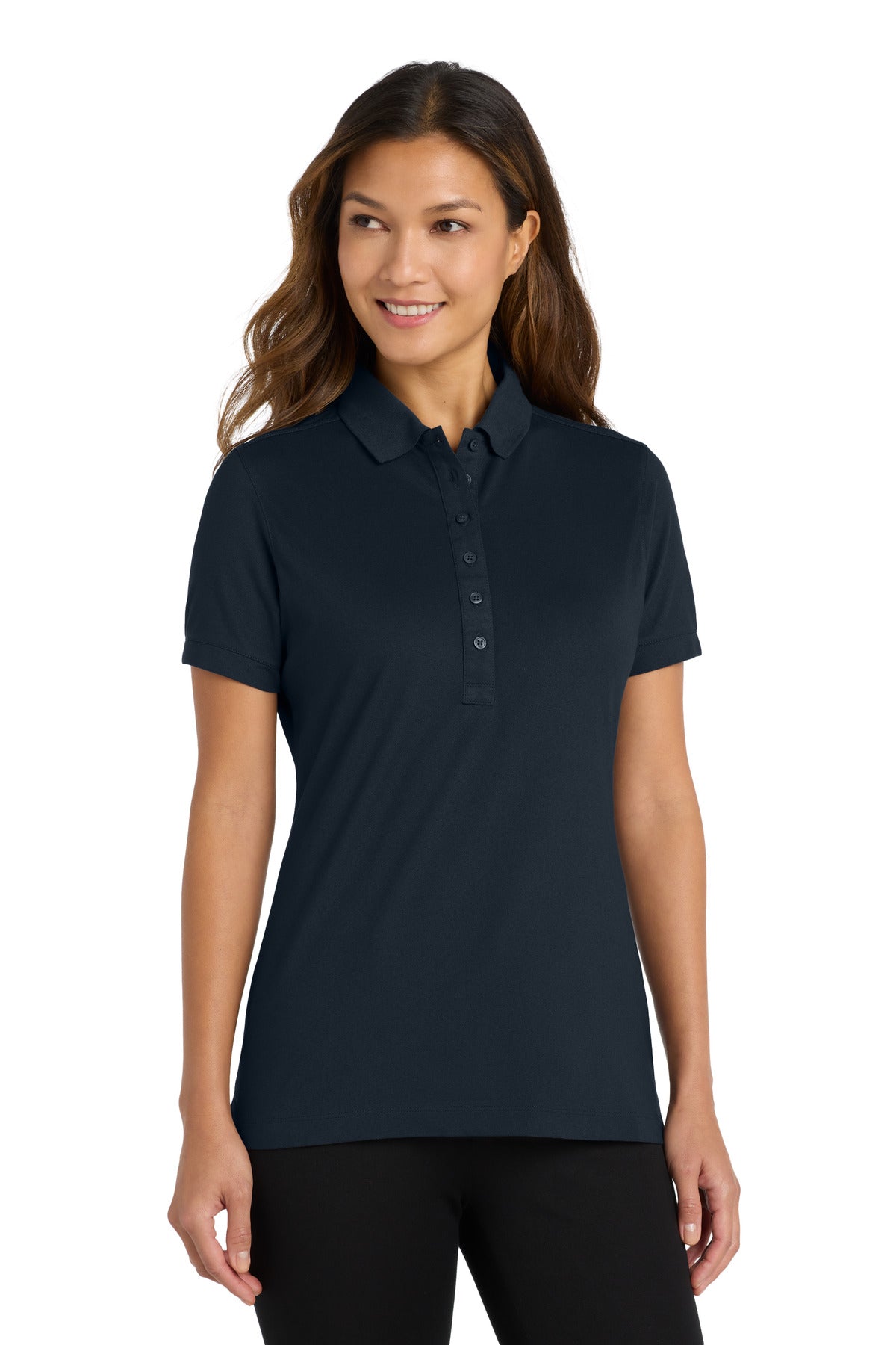 Custom Dress Blue Navy Women's Stretch Pique Polo L555, personalized by SanCanDo Swag in Argyle, TX