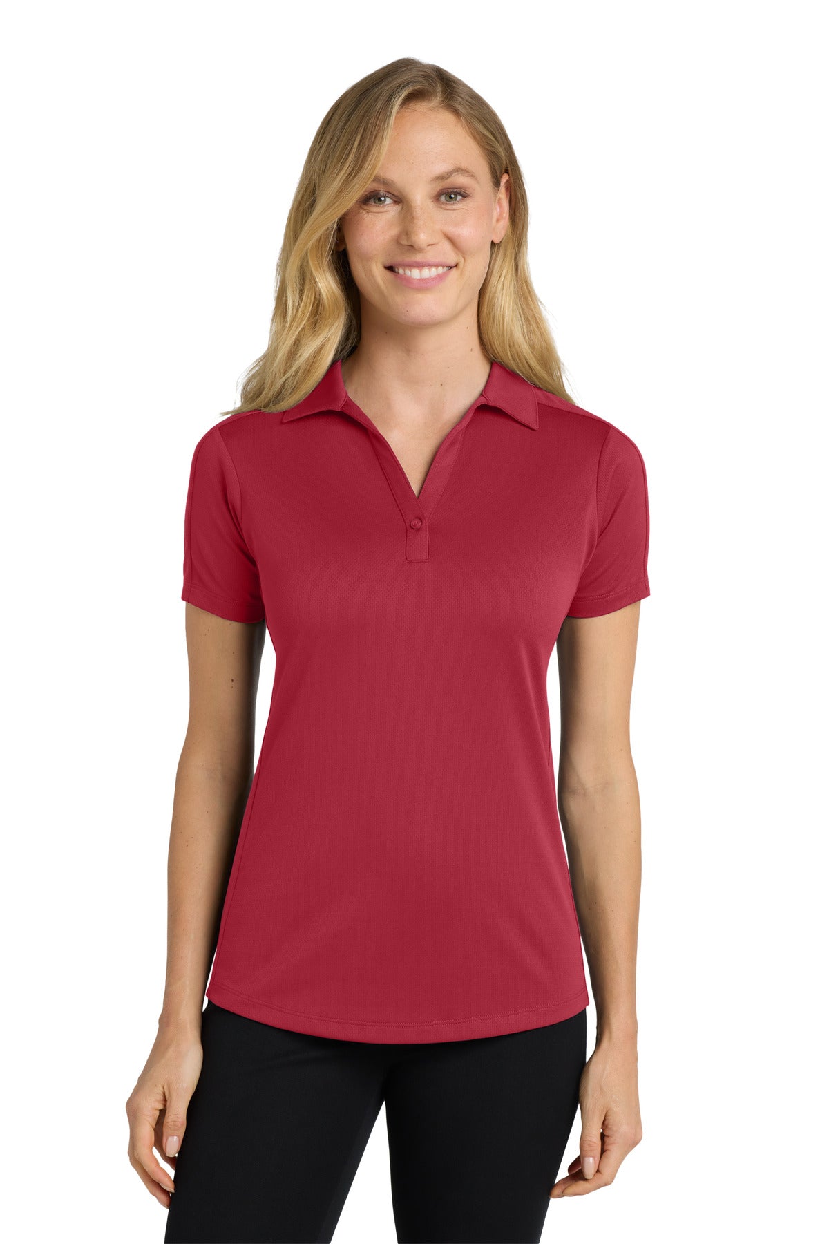 Custom Rich Red Women's Diamond Jacquard Polo L569, personalized by SanCanDo Swag in Argyle, TX