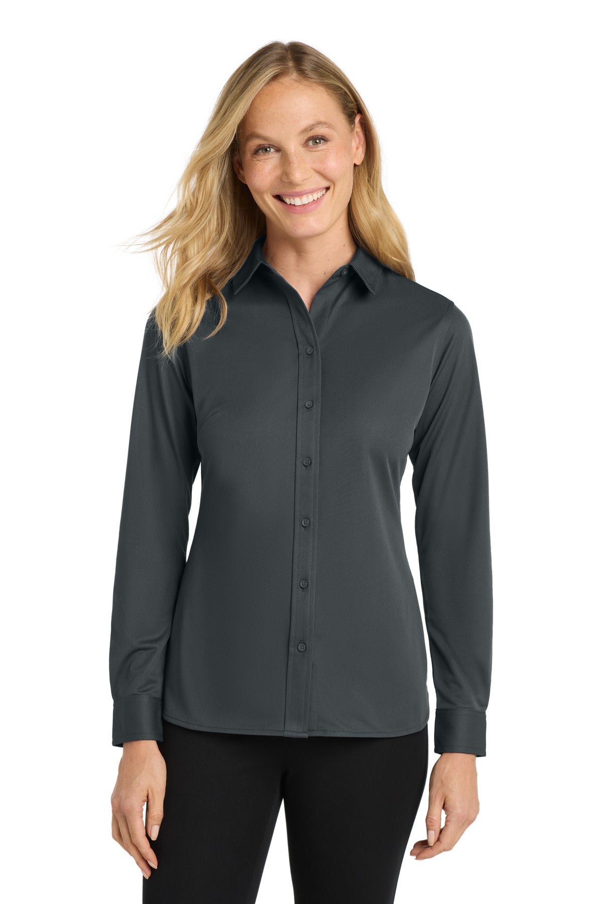 Custom Battleship Grey Women's Dimension Knit Dress Shirt L570, personalized by SanCanDo Swag in Argyle, TX