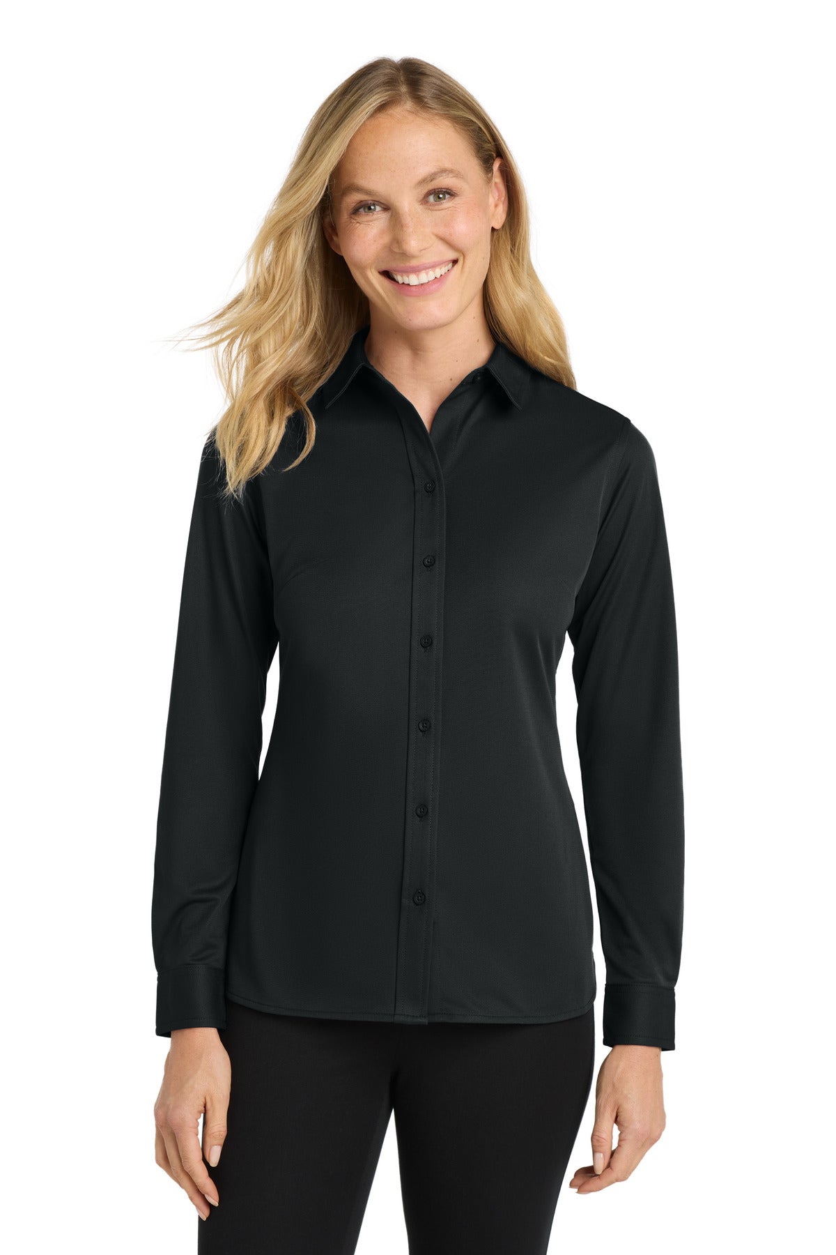 Custom Black Women's Dimension Knit Dress Shirt L570, personalized by SanCanDo Swag in Argyle, TX