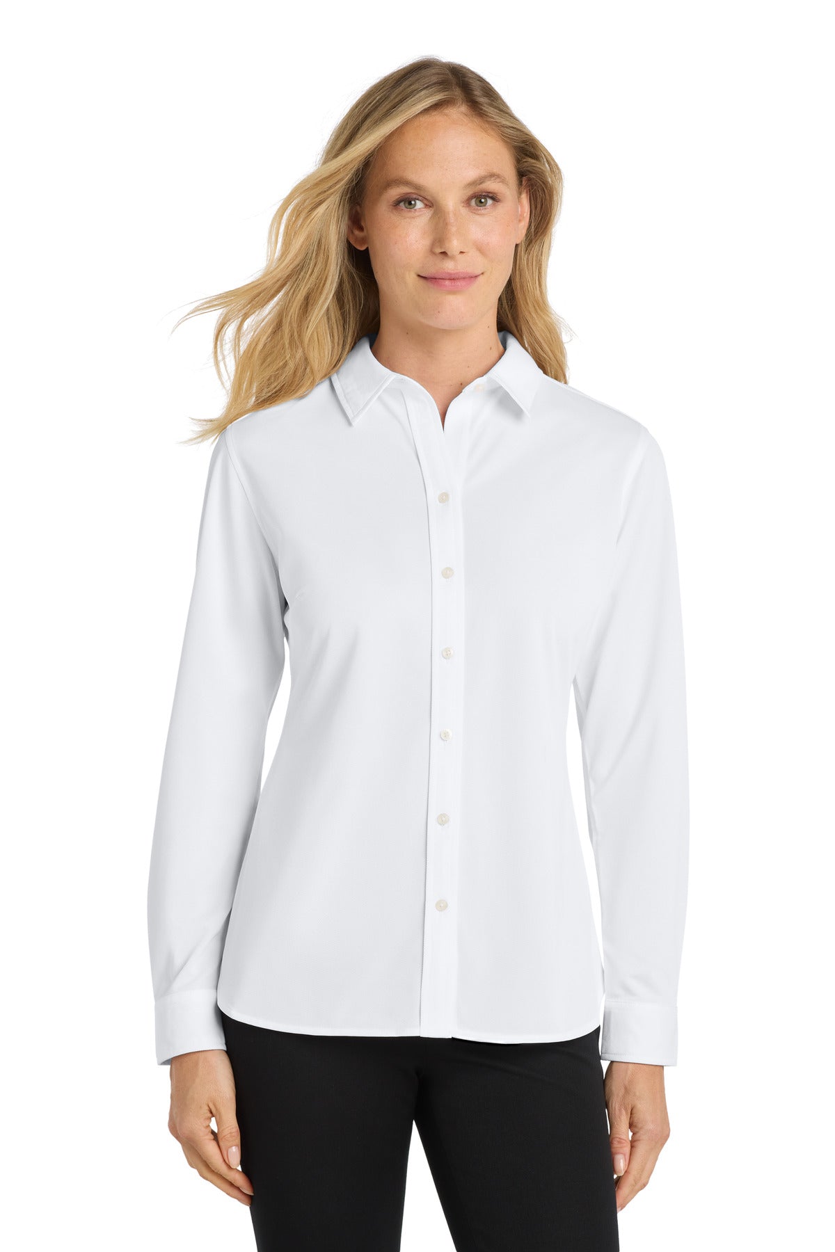 Custom White Women's Dimension Knit Dress Shirt L570, personalized by SanCanDo Swag in Argyle, TX