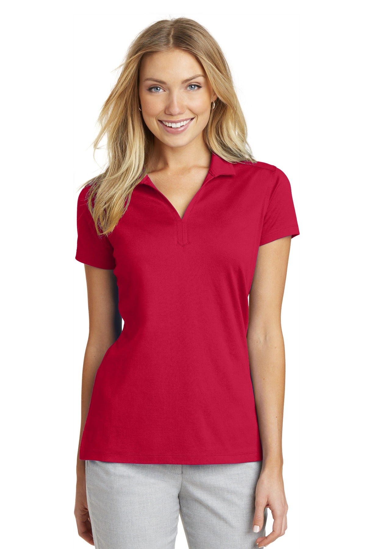 Custom Engine Red Women's Rapid Dry Mesh Polo L573, personalized by SanCanDo Swag in Argyle, TX