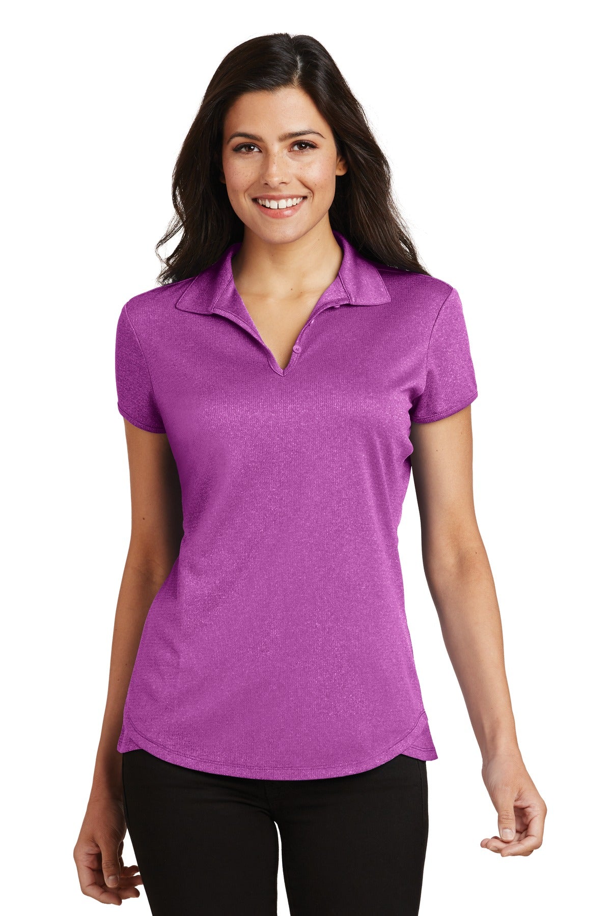 Custom Berry Heather Women's Trace Heather Polo L576, personalized by SanCanDo Swag in Argyle, TX