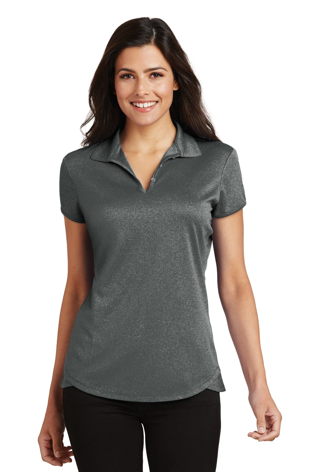 Custom Charcoal Heather Women's Trace Heather Polo L576, personalized by SanCanDo Swag in Argyle, TX