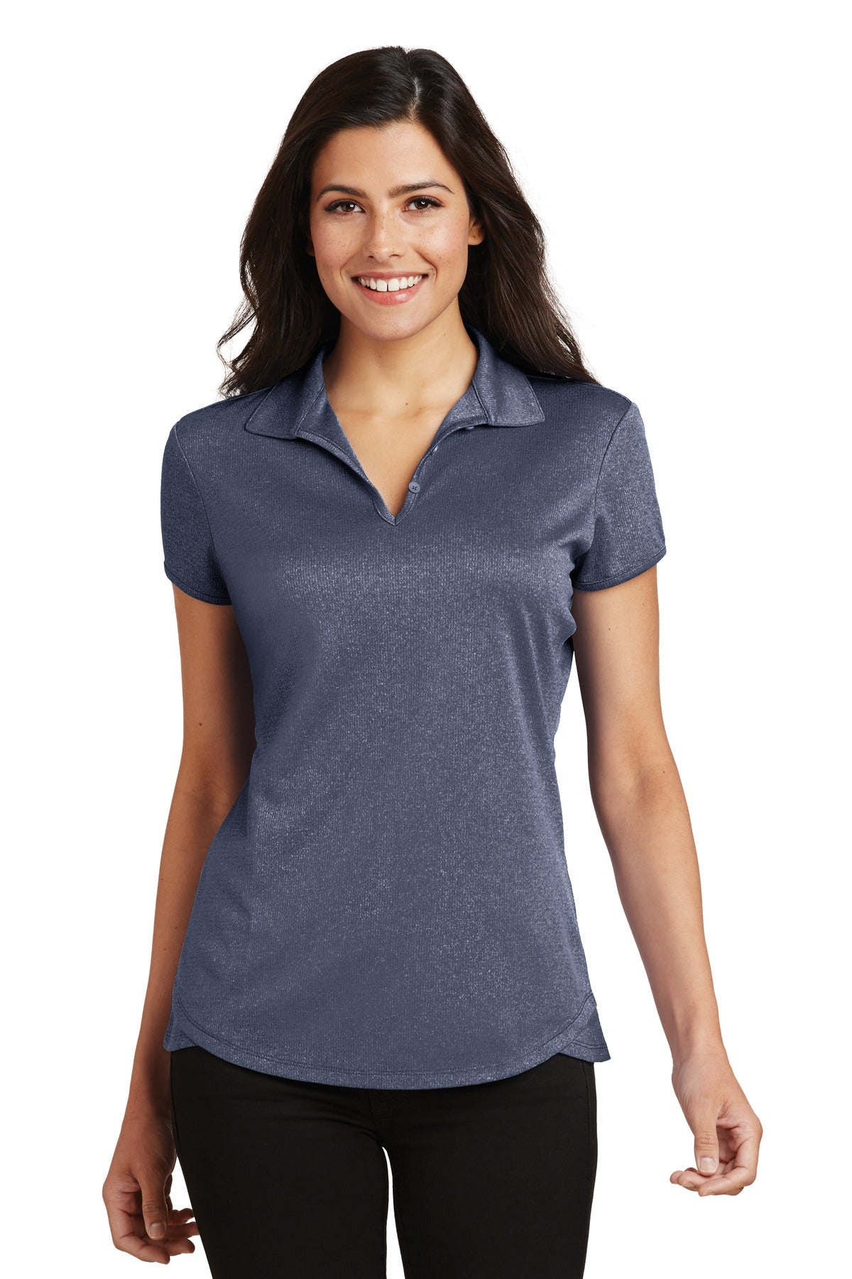 Custom True Navy Heather Women's Trace Heather Polo L576, personalized by SanCanDo Swag in Argyle, TX