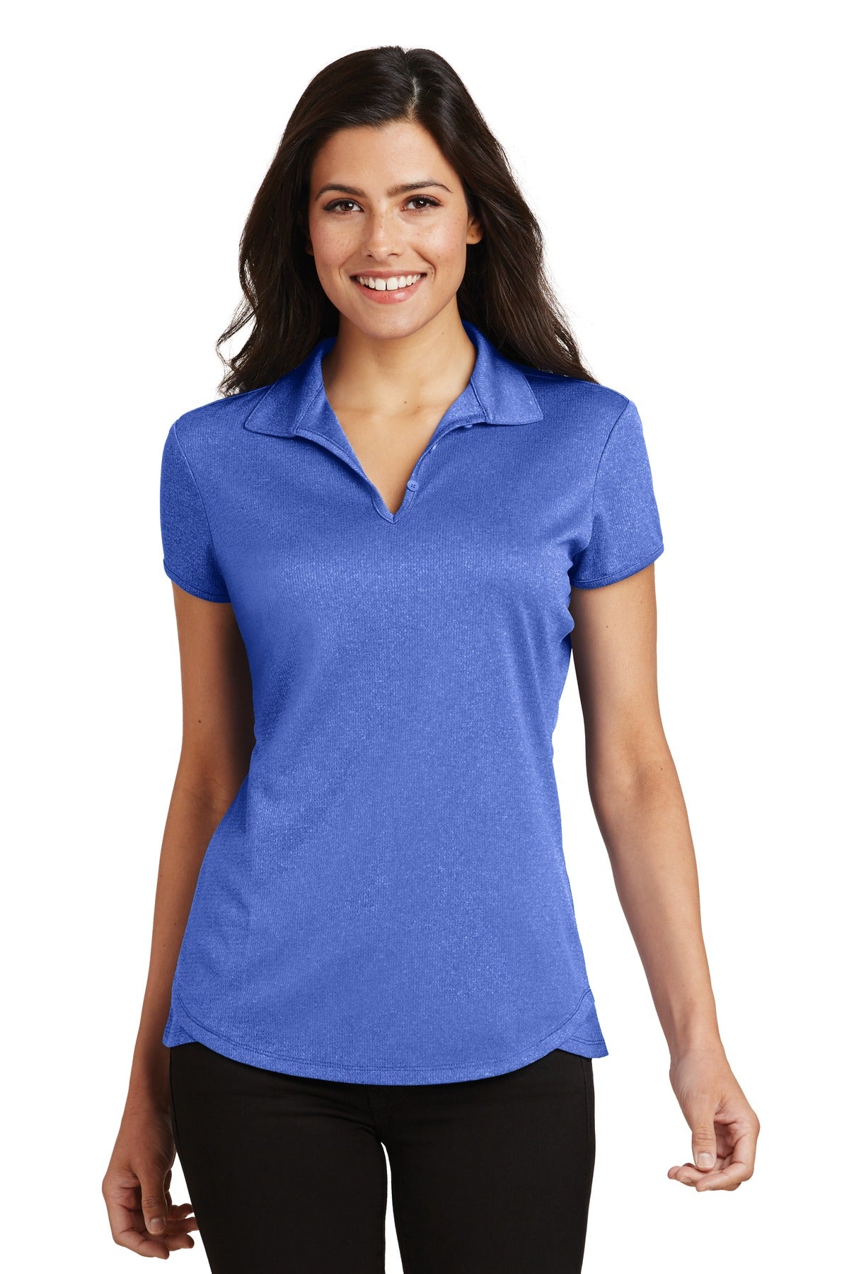 Custom True Royal Heather Women's Trace Heather Polo L576, personalized by SanCanDo Swag in Argyle, TX