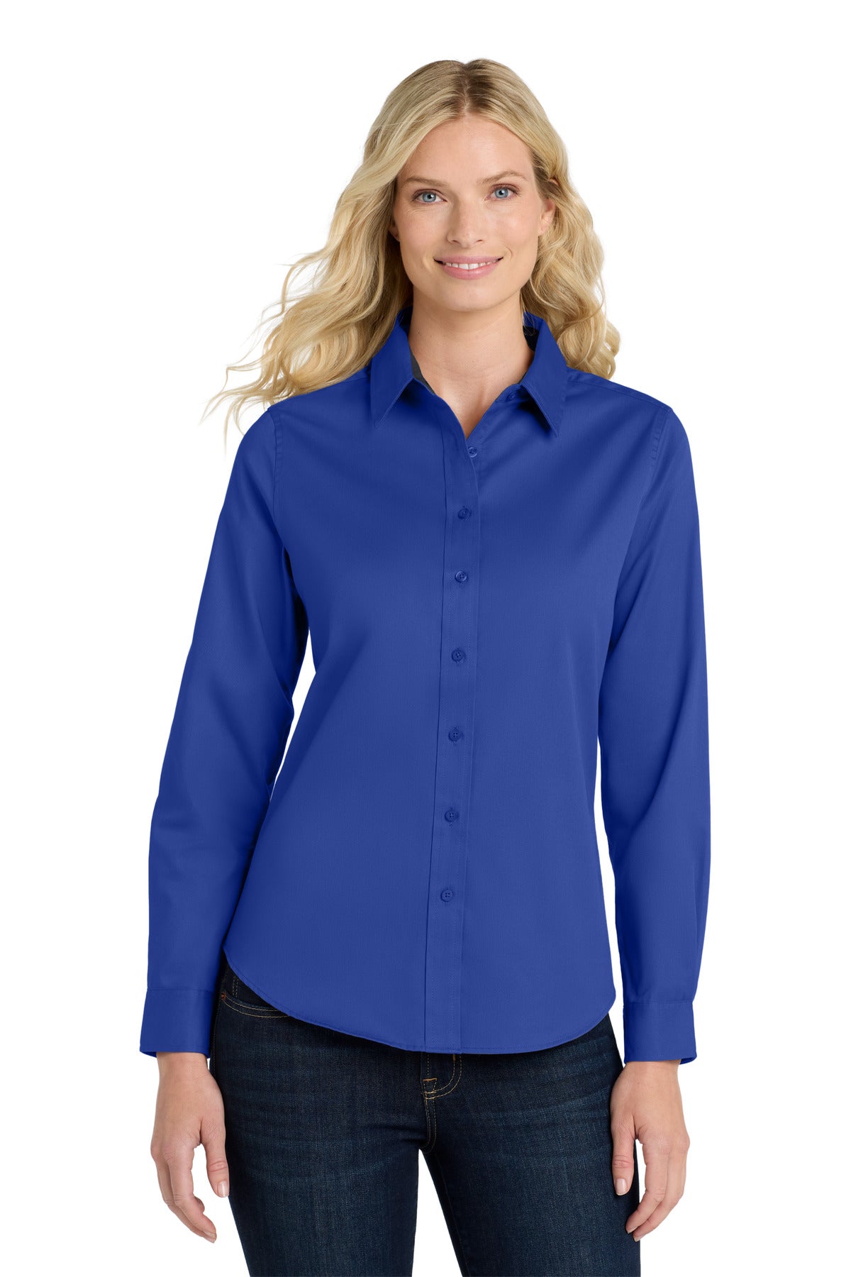 Custom Royal/ Classic Navy Women's Long Sleeve Easy Care Shirt L608, personalized by SanCanDo Swag in Argyle, TX