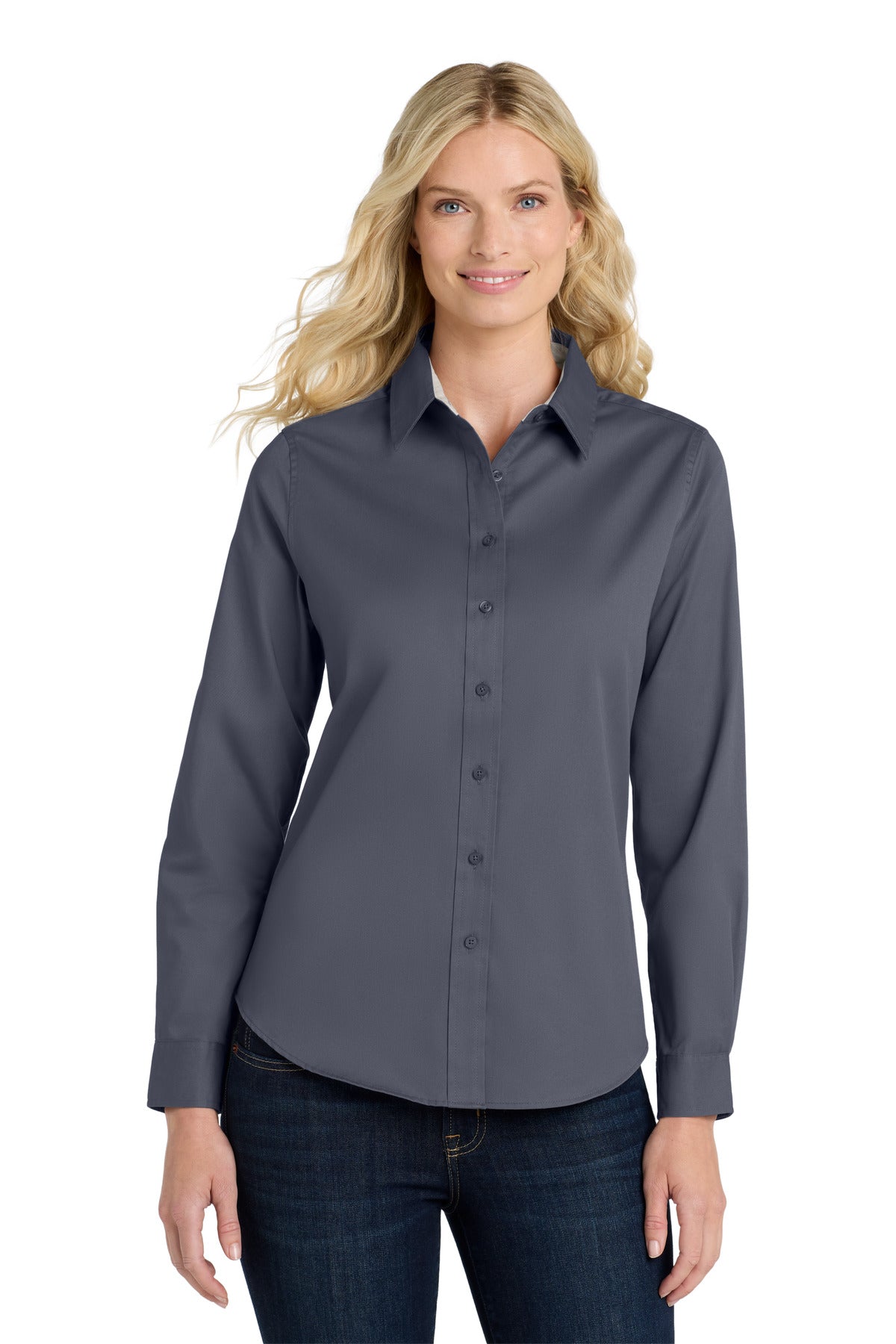 Custom Steel Grey/ Light Stone Women's Long Sleeve Easy Care Shirt L608, personalized by SanCanDo Swag in Argyle, TX
