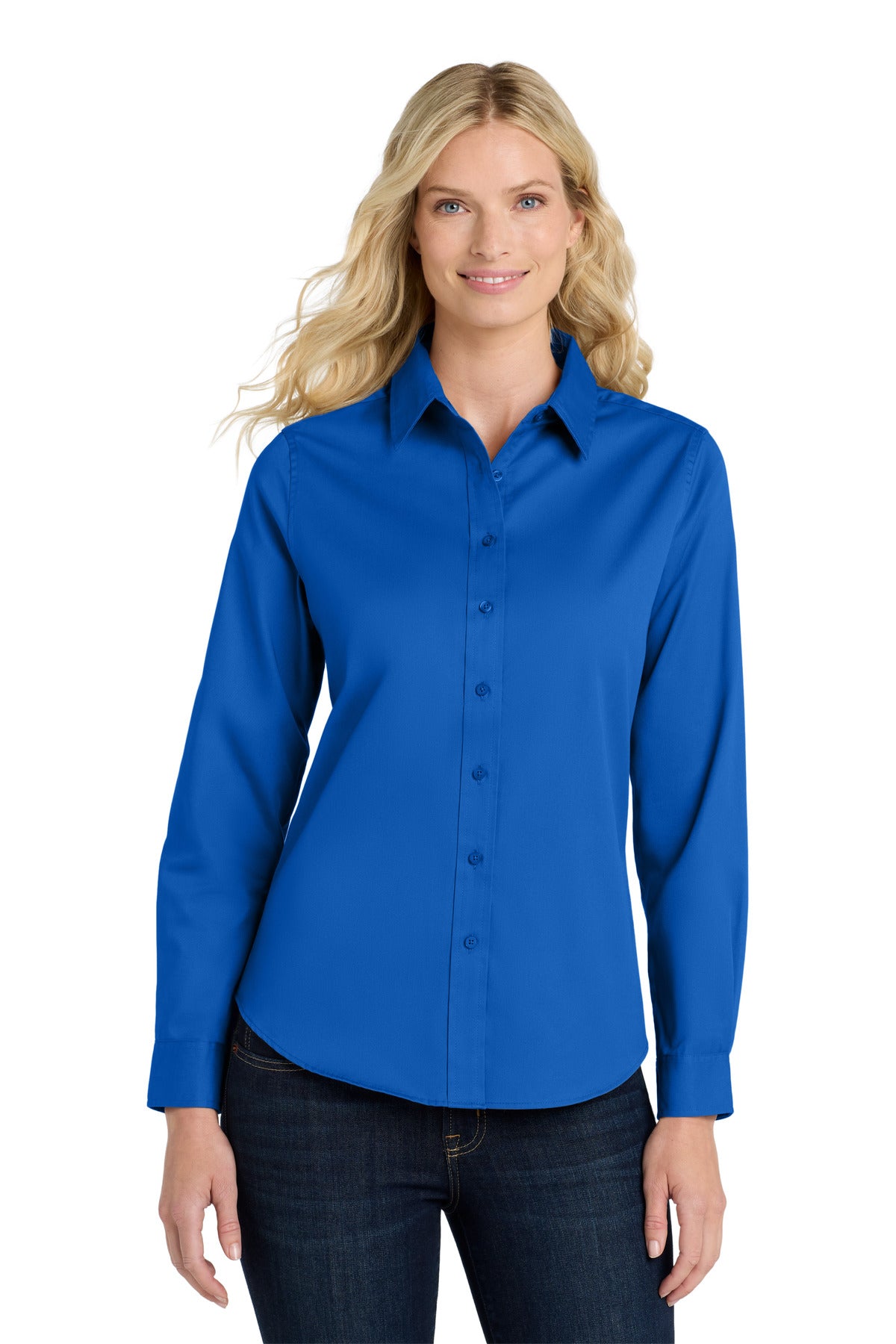Custom Strong Blue Women's Long Sleeve Easy Care Shirt L608, personalized by SanCanDo Swag in Argyle, TX