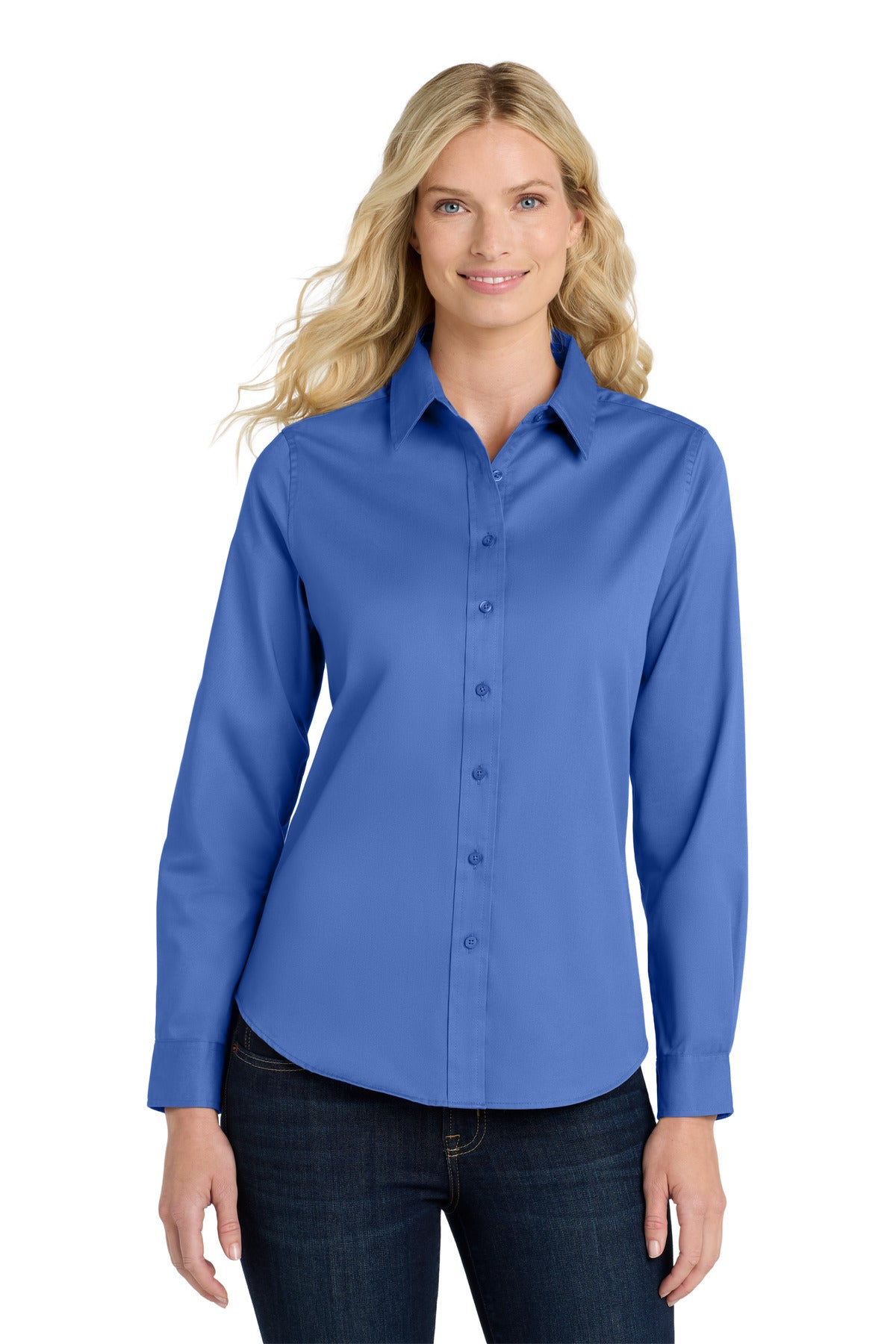 Custom Ultramarine Blue Women's Long Sleeve Easy Care Shirt L608, personalized by SanCanDo Swag in Argyle, TX