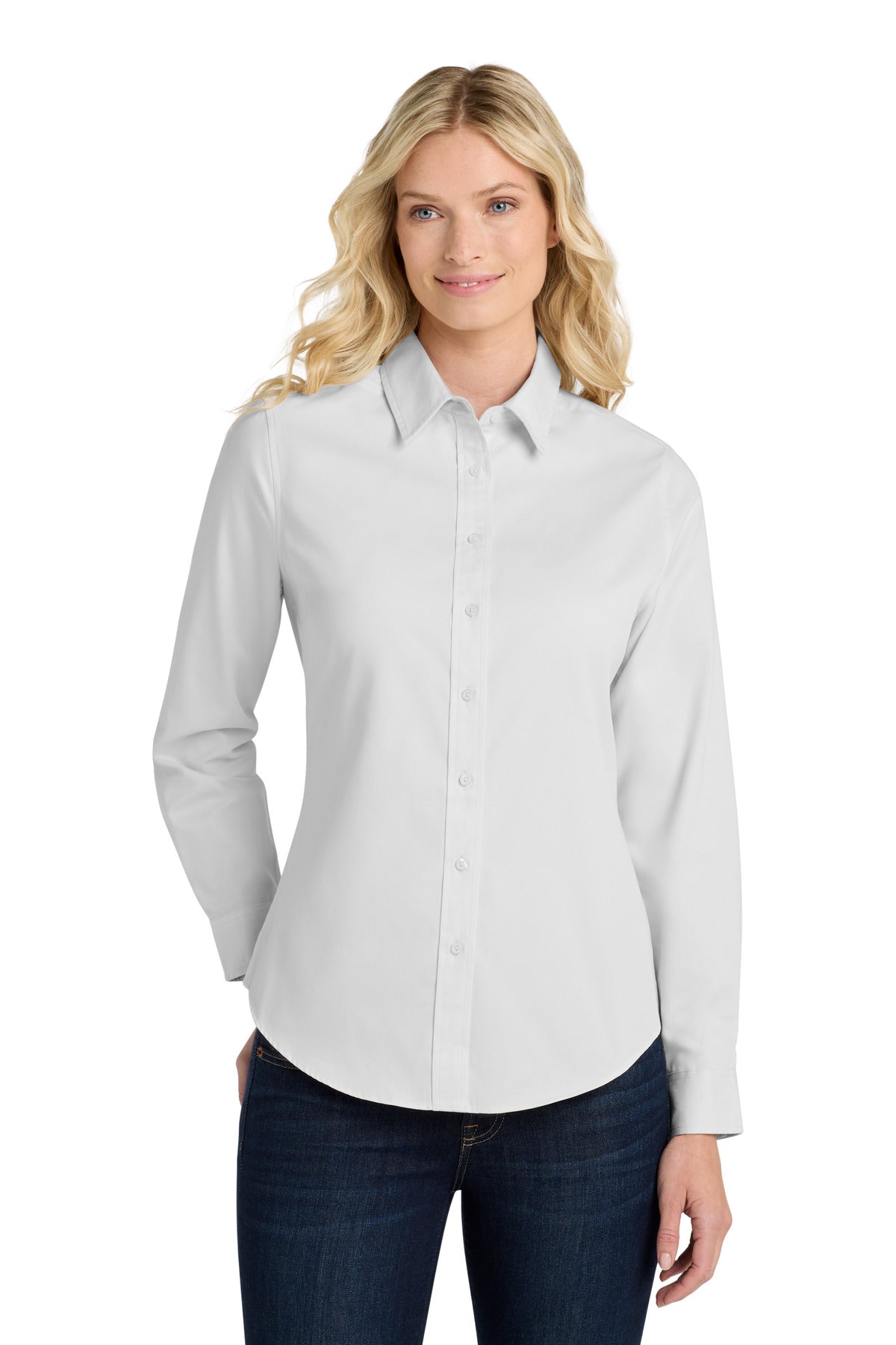 Custom White/ Light Stone Women's Long Sleeve Easy Care Shirt L608, personalized by SanCanDo Swag in Argyle, TX