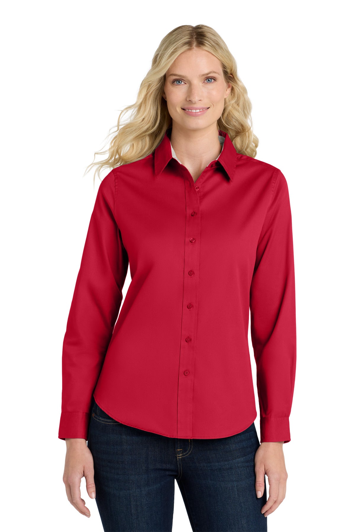 Custom Red/ Light Stone Women's Long Sleeve Easy Care Shirt L608, personalized by SanCanDo Swag in Argyle, TX