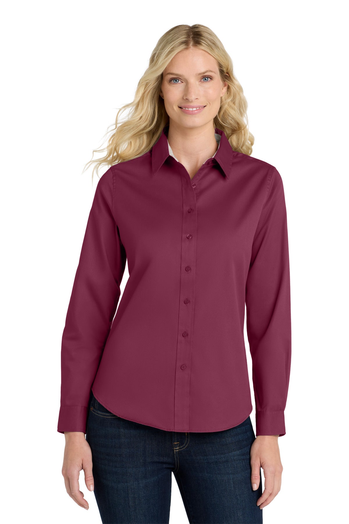 Custom Burgundy/ Light Stone Women's Long Sleeve Easy Care Shirt L608, personalized by SanCanDo Swag in Argyle, TX