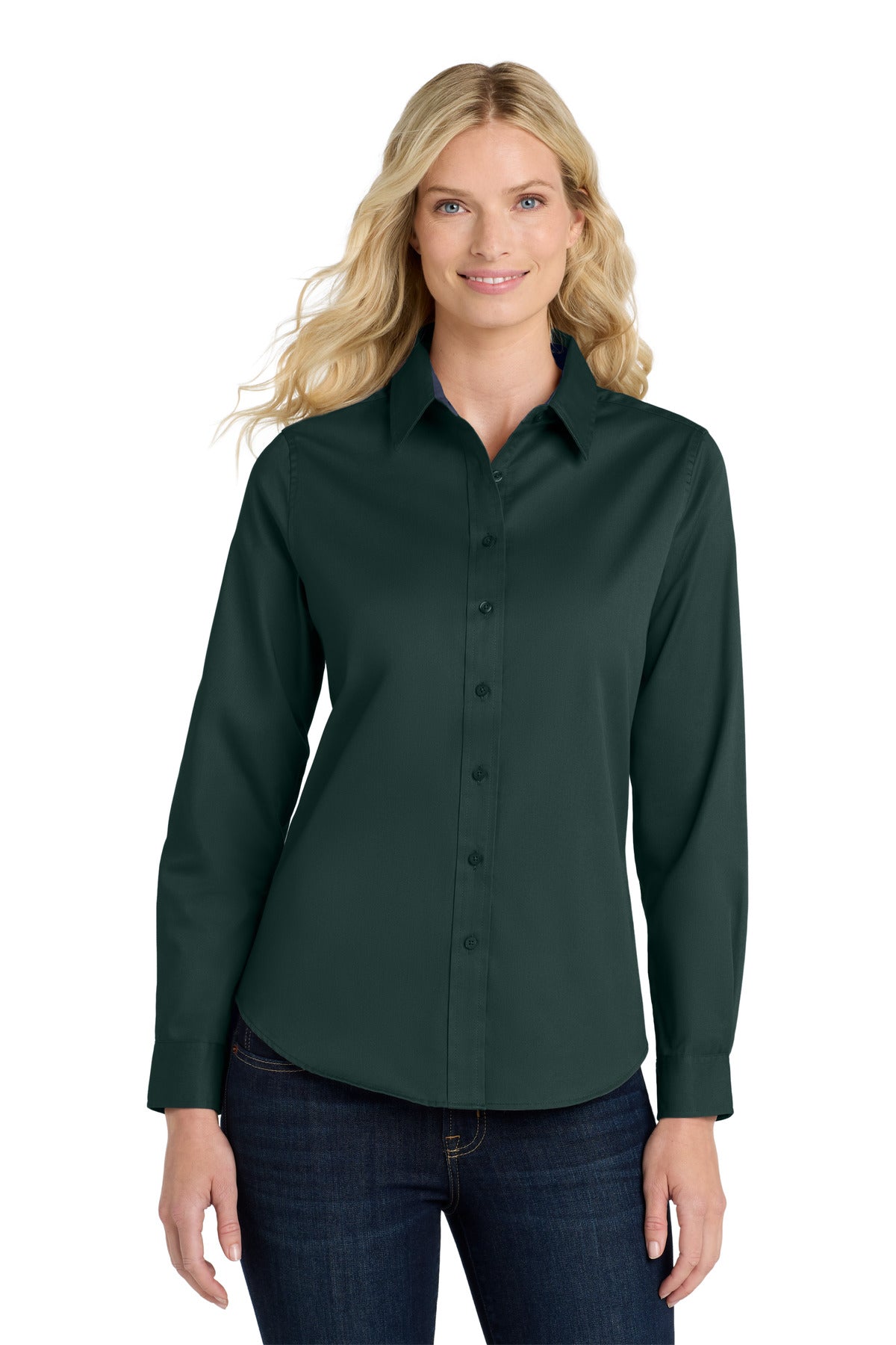 Custom Dark Green/ Navy Women's Long Sleeve Easy Care Shirt L608, personalized by SanCanDo Swag in Argyle, TX