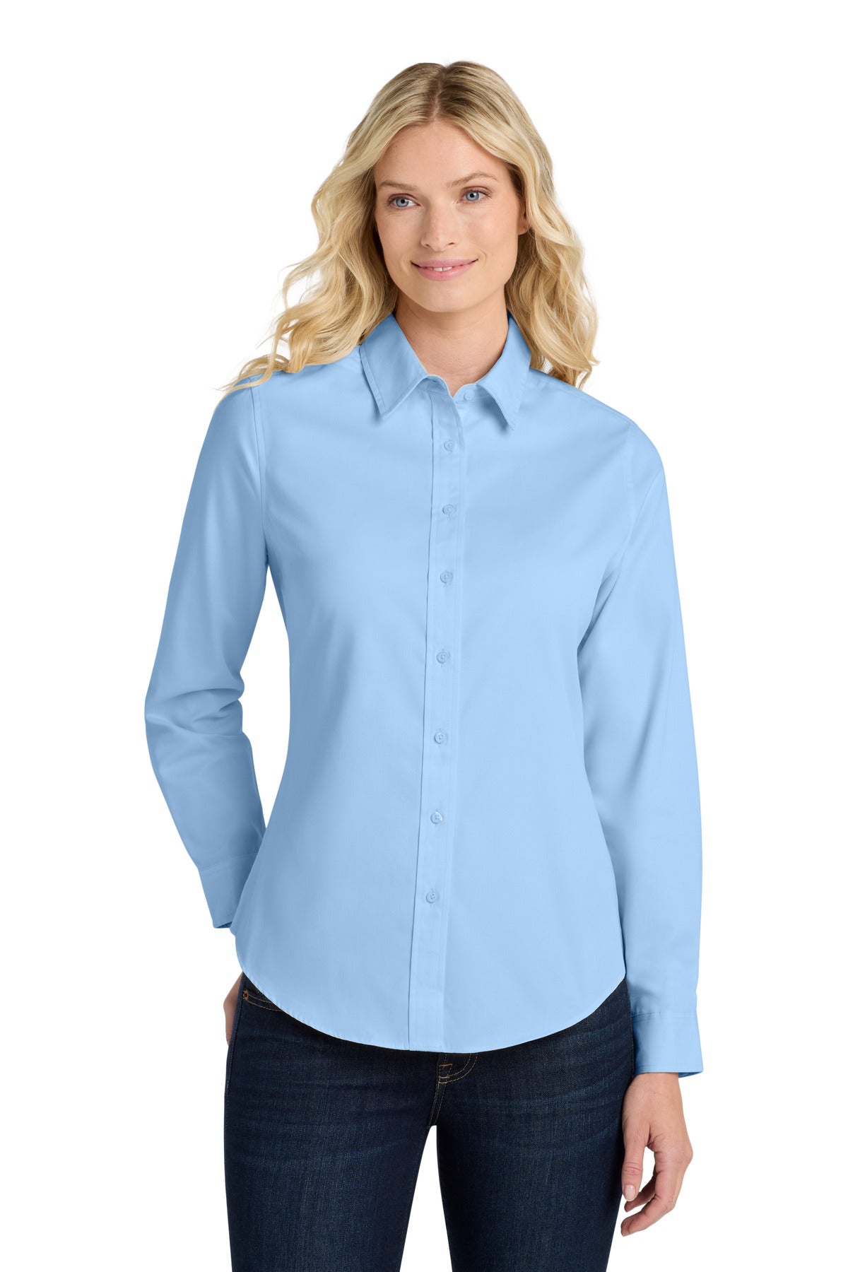 Custom Light Blue/ Light Stone Women's Long Sleeve Easy Care Shirt L608, personalized by SanCanDo Swag in Argyle, TX