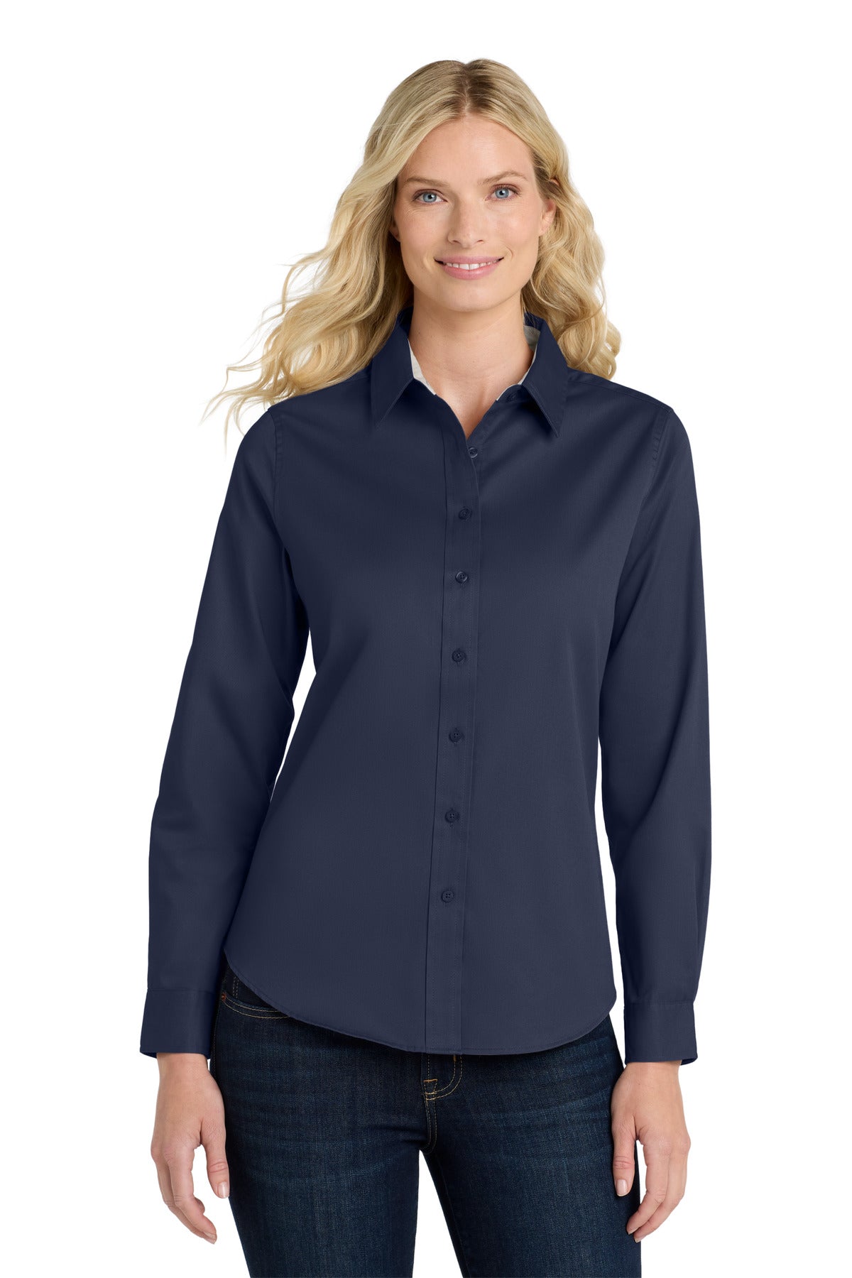 Custom Navy/ Light Stone Women's Long Sleeve Easy Care Shirt L608, personalized by SanCanDo Swag in Argyle, TX