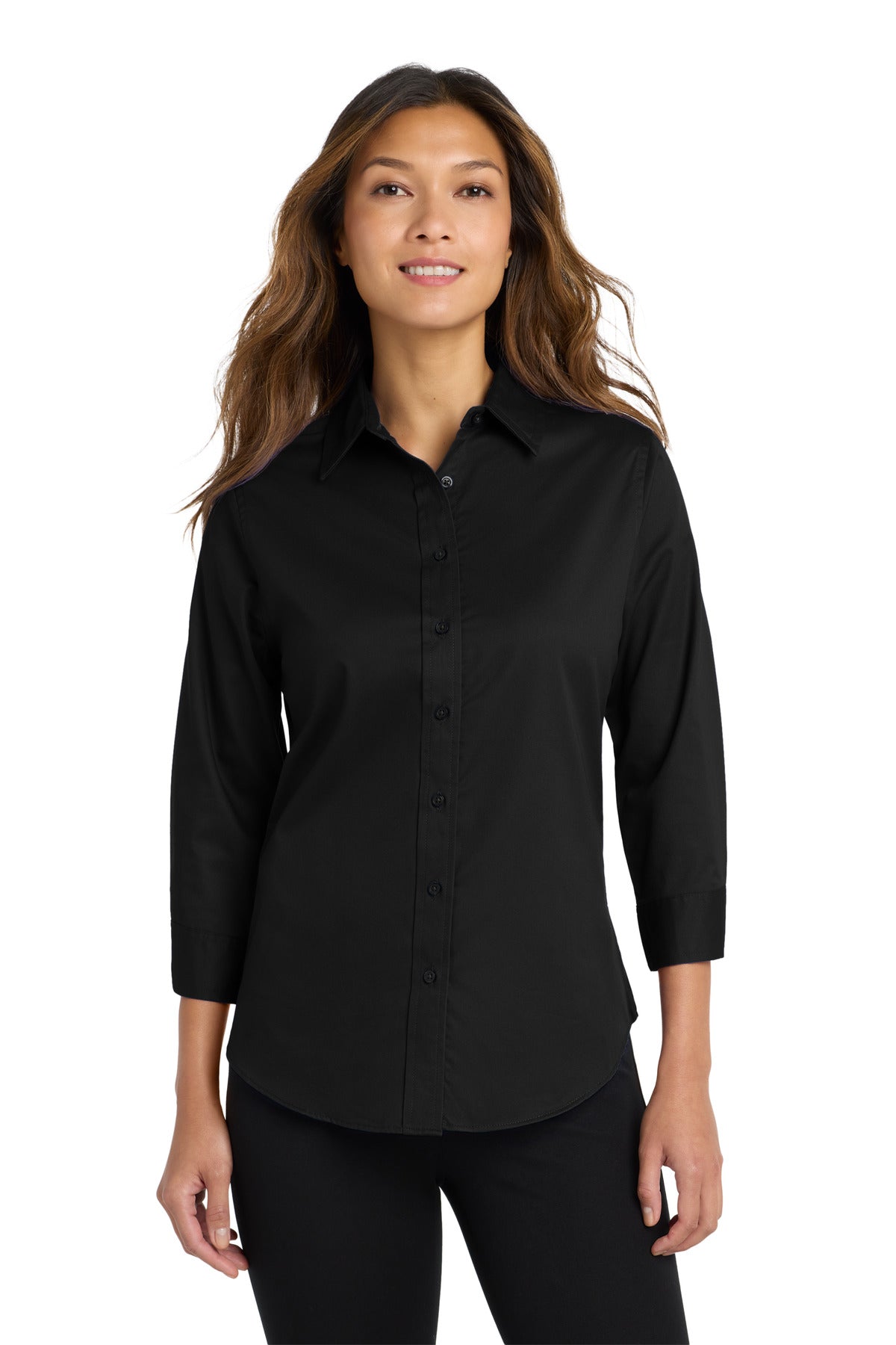 Custom Black Women's 3/4-Sleeve Easy Care Shirt L612, personalized by SanCanDo Swag in Argyle, TX