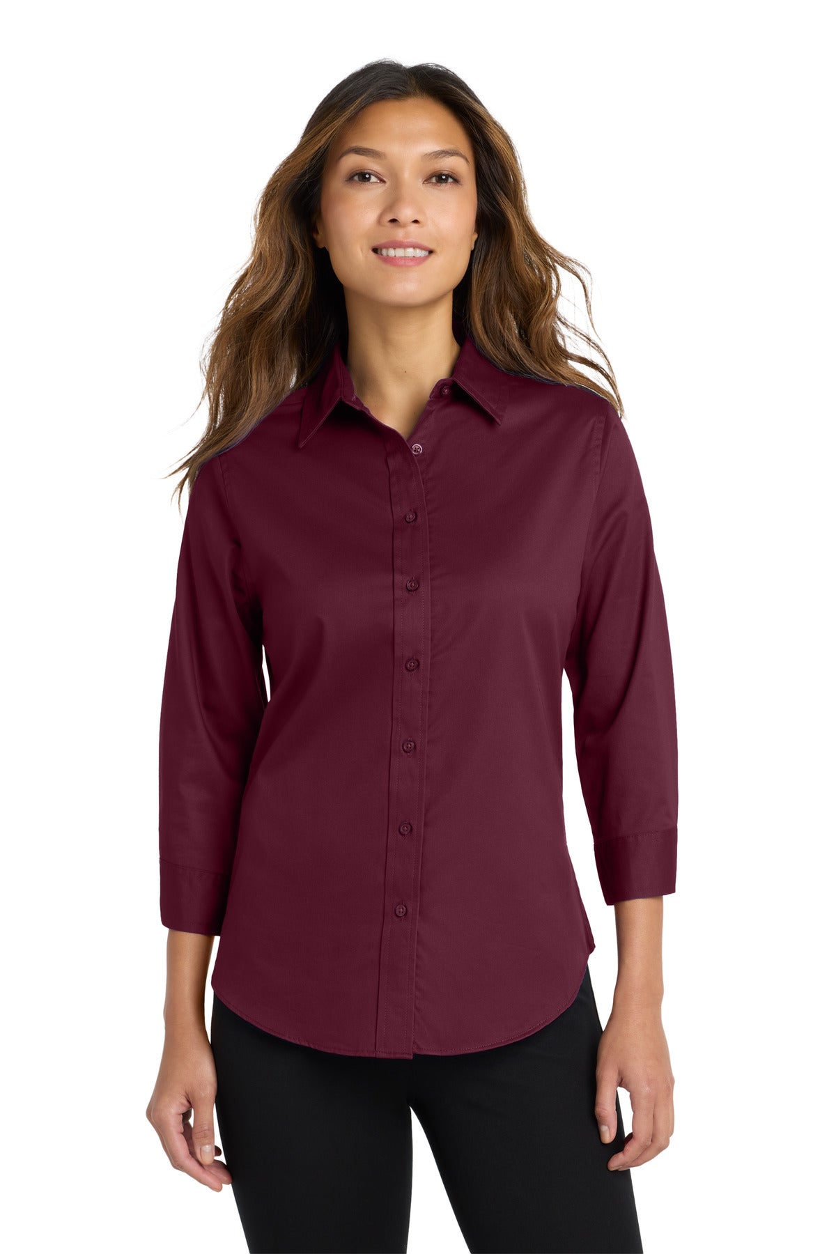 Custom Burgundy Women's 3/4-Sleeve Easy Care Shirt L612, personalized by SanCanDo Swag in Argyle, TX