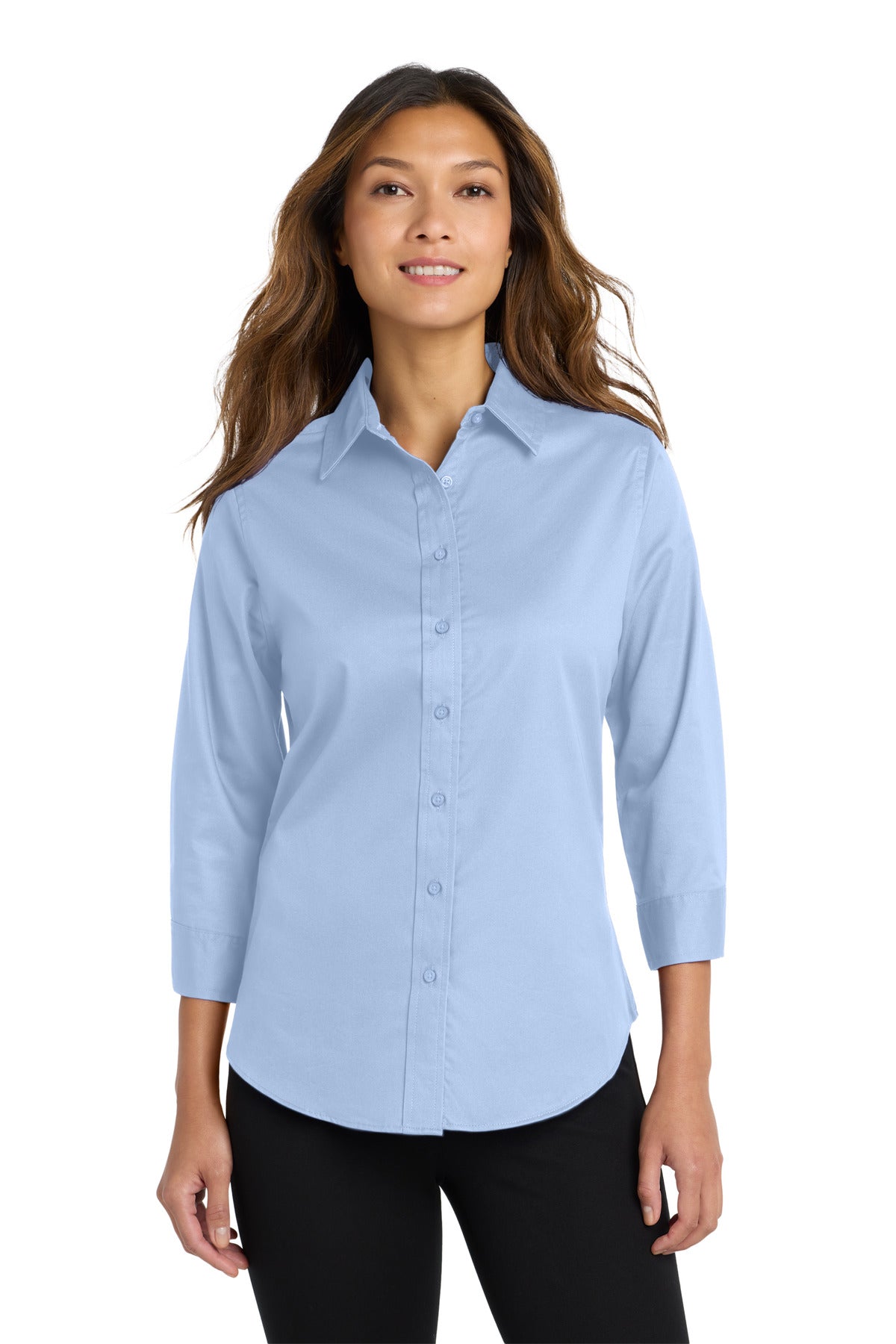 Custom Light Blue Women's 3/4-Sleeve Easy Care Shirt L612, personalized by SanCanDo Swag in Argyle, TX