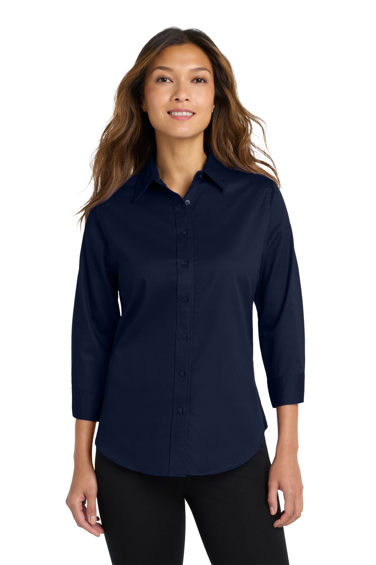 Custom Navy Women's 3/4-Sleeve Easy Care Shirt L612, personalized by SanCanDo Swag in Argyle, TX