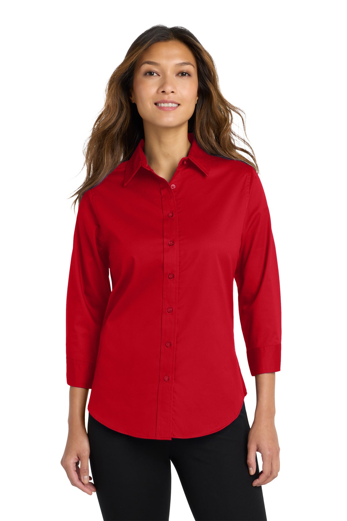 Custom Red Women's 3/4-Sleeve Easy Care Shirt L612, personalized by SanCanDo Swag in Argyle, TX
