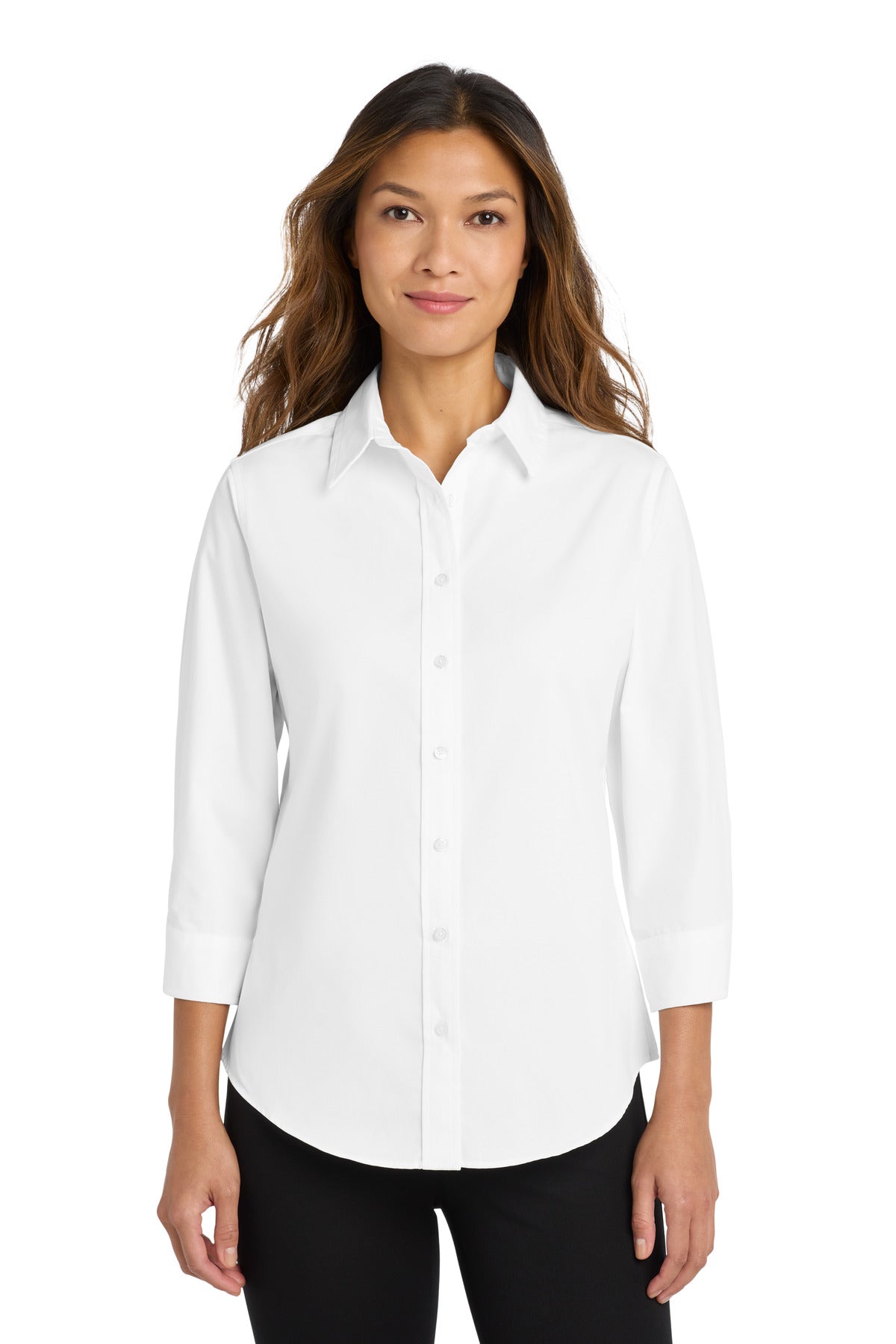 Custom White Women's 3/4-Sleeve Easy Care Shirt L612, personalized by SanCanDo Swag in Argyle, TX