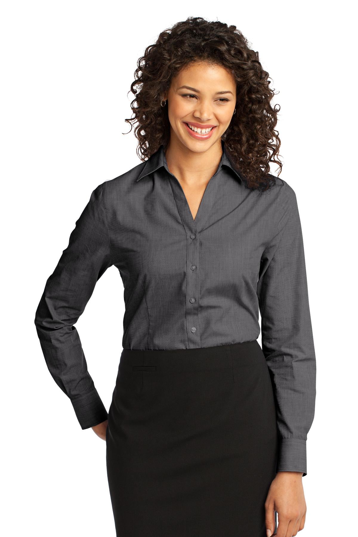 Custom Soft Black Women's Crosshatch Easy Care Shirt L640, personalized by SanCanDo Swag in Argyle, TX