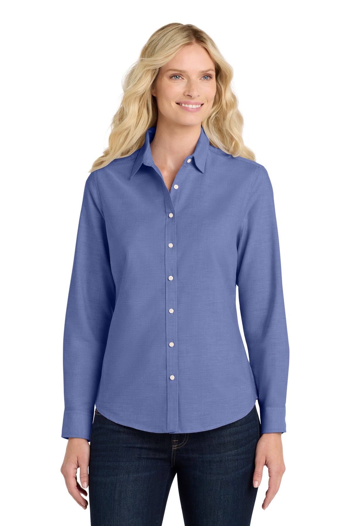 Custom Navy Women's SuperPro Oxford Shirt L658, personalized by SanCanDo Swag in Argyle, TX