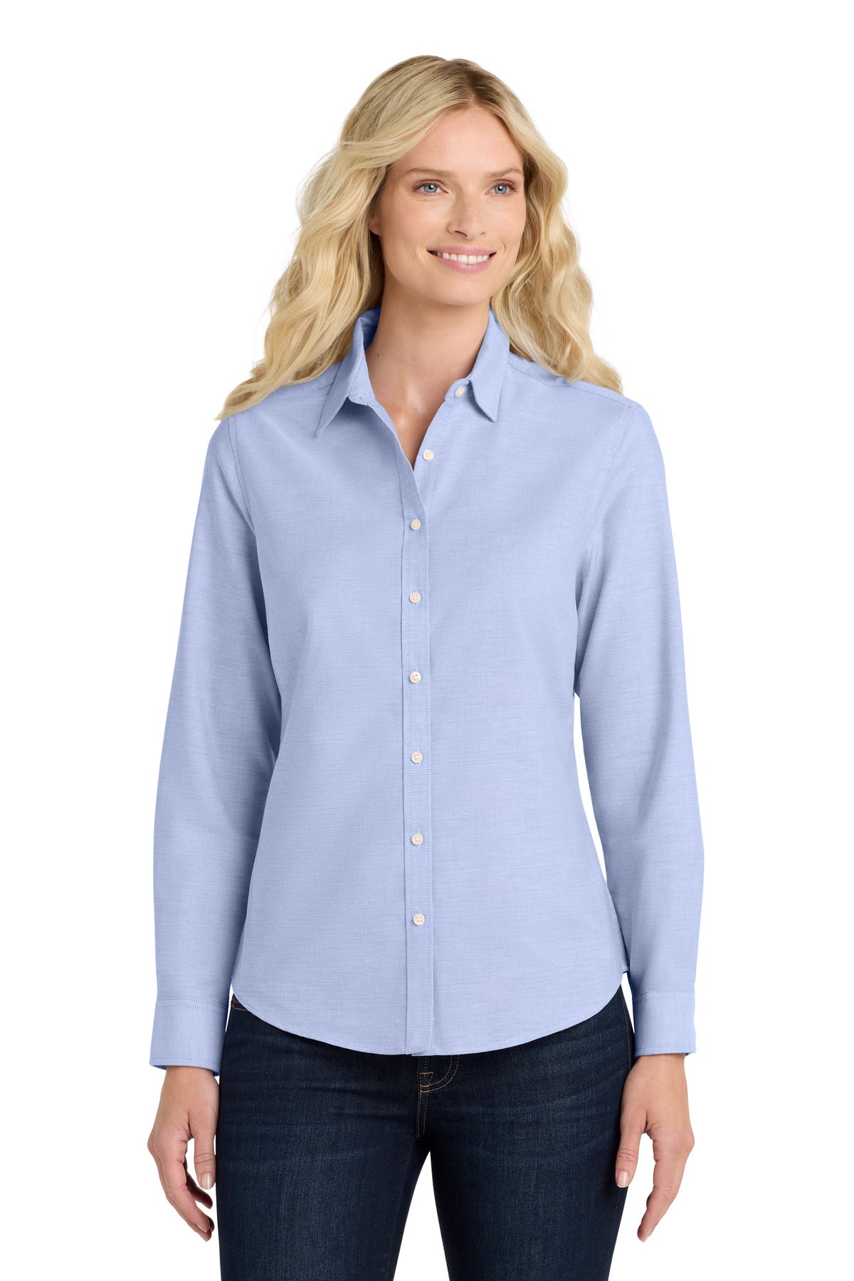 Custom Oxford Blue Women's SuperPro Oxford Shirt L658, personalized by SanCanDo Swag in Argyle, TX