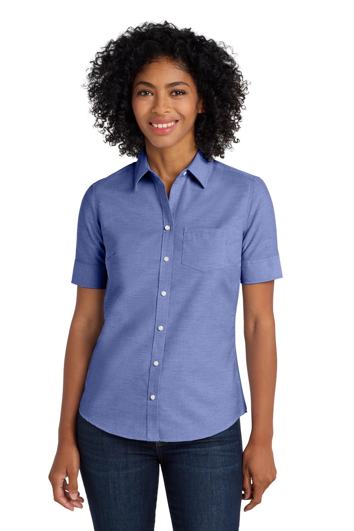 Custom Navy Short Sleeve SuperPro Oxford Shirt L659, personalized by SanCanDo Swag in Argyle, TX