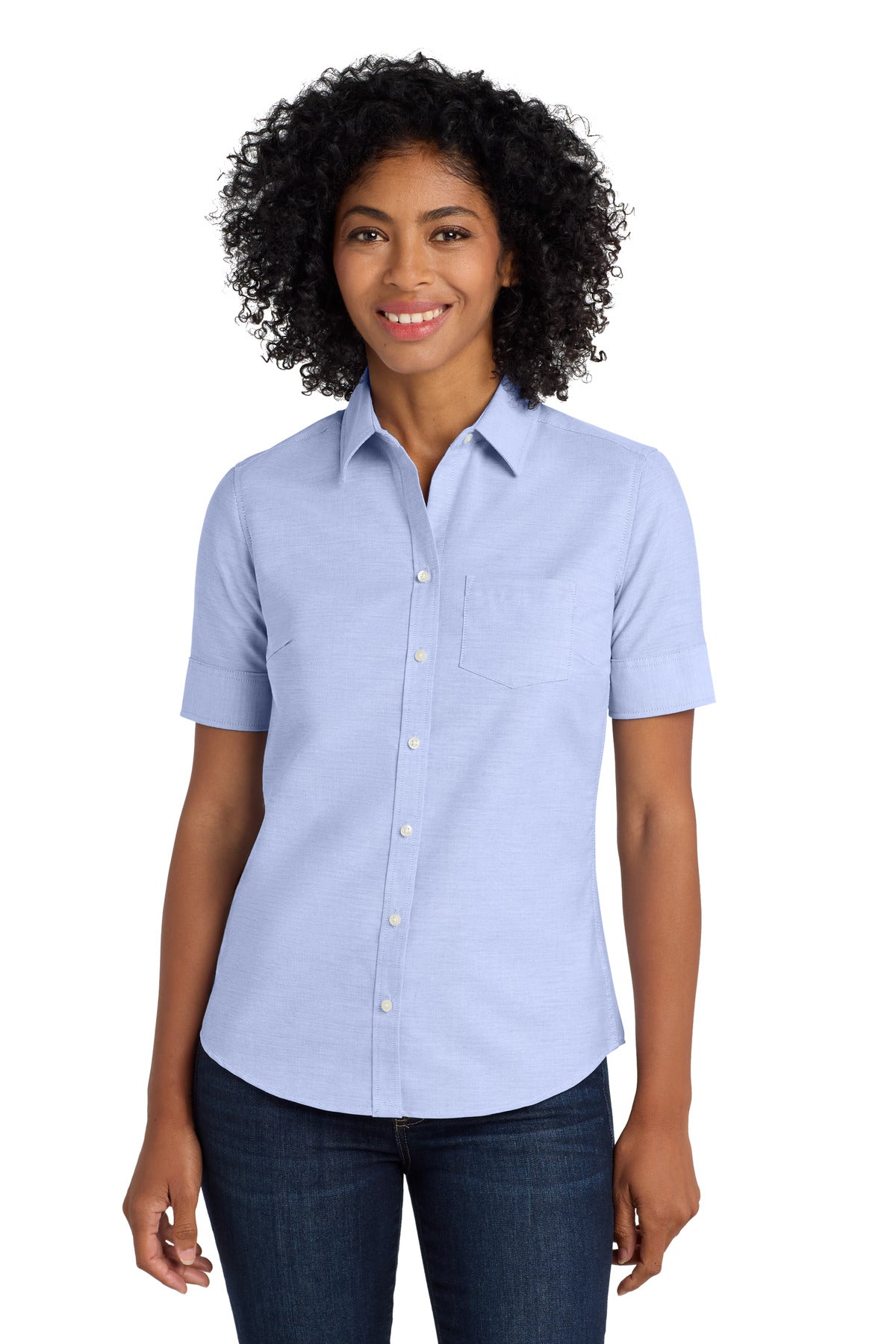 Custom Oxford Blue Short Sleeve SuperPro Oxford Shirt L659, personalized by SanCanDo Swag in Argyle, TX
