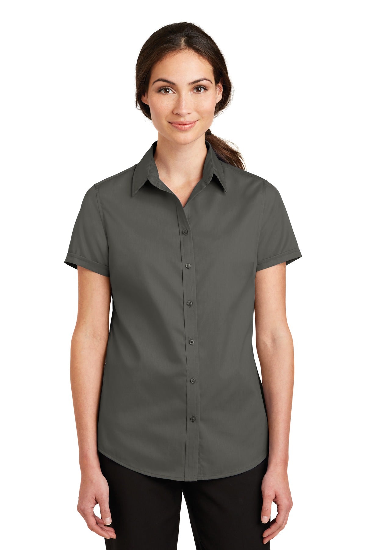 Custom Sterling Grey Short Sleeve SuperPro Twill Shirt L664, personalized by SanCanDo Swag in Argyle, TX