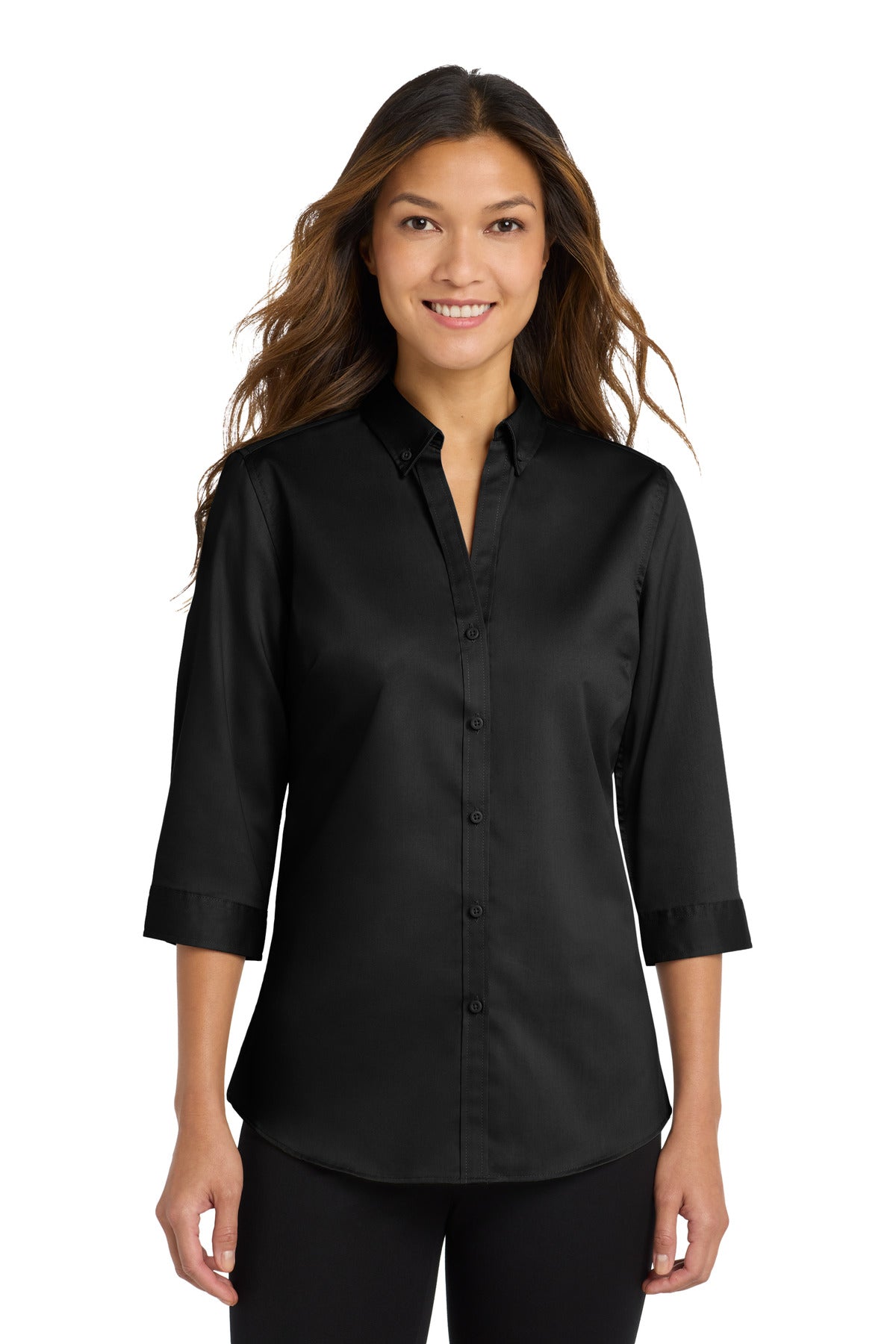 Custom Black Women's 3/4-Sleeve SuperPro Twill Shirt L665, personalized by SanCanDo Swag in Argyle, TX