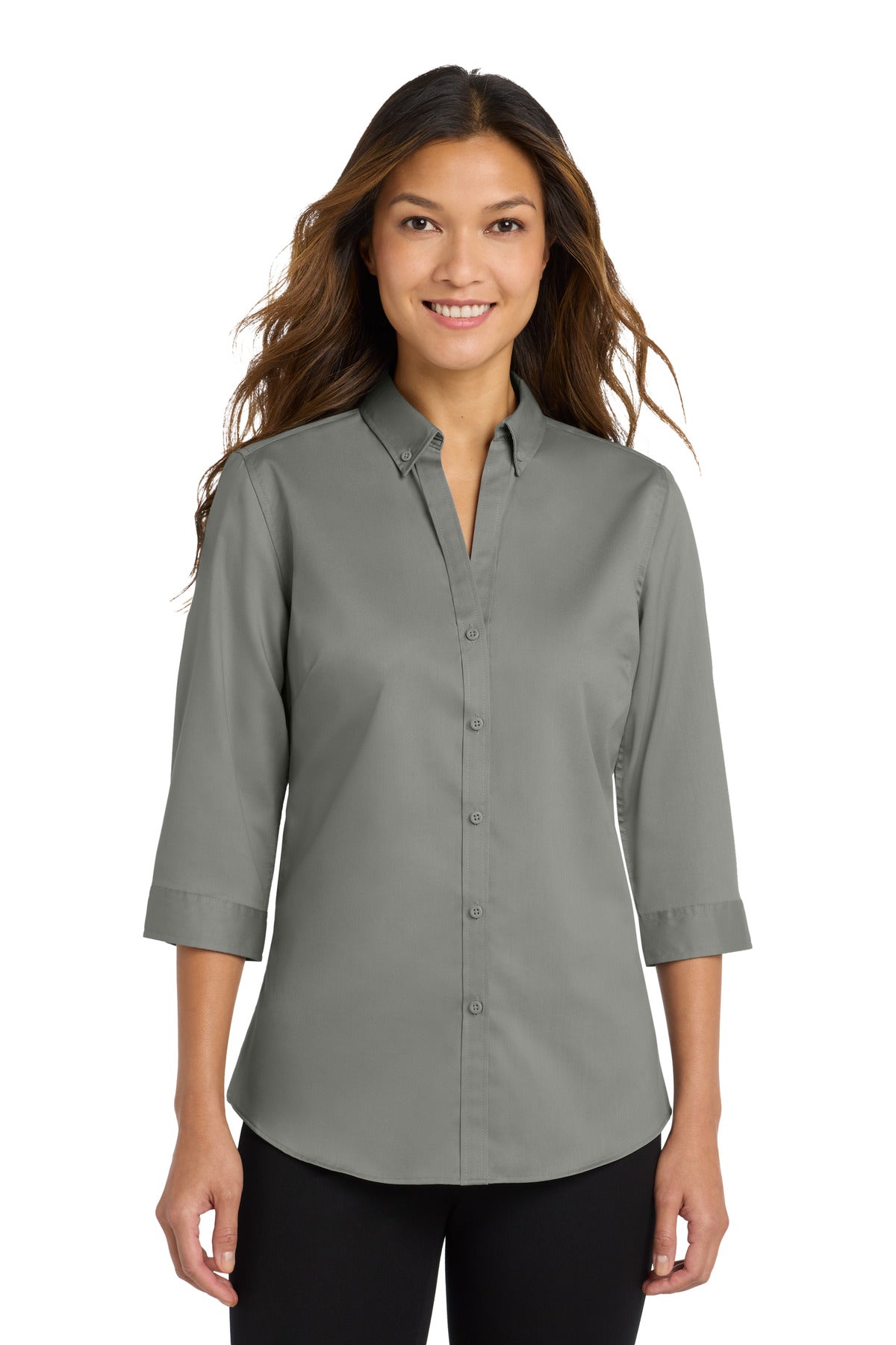 Custom Monument Grey Women's 3/4-Sleeve SuperPro Twill Shirt L665, personalized by SanCanDo Swag in Argyle, TX