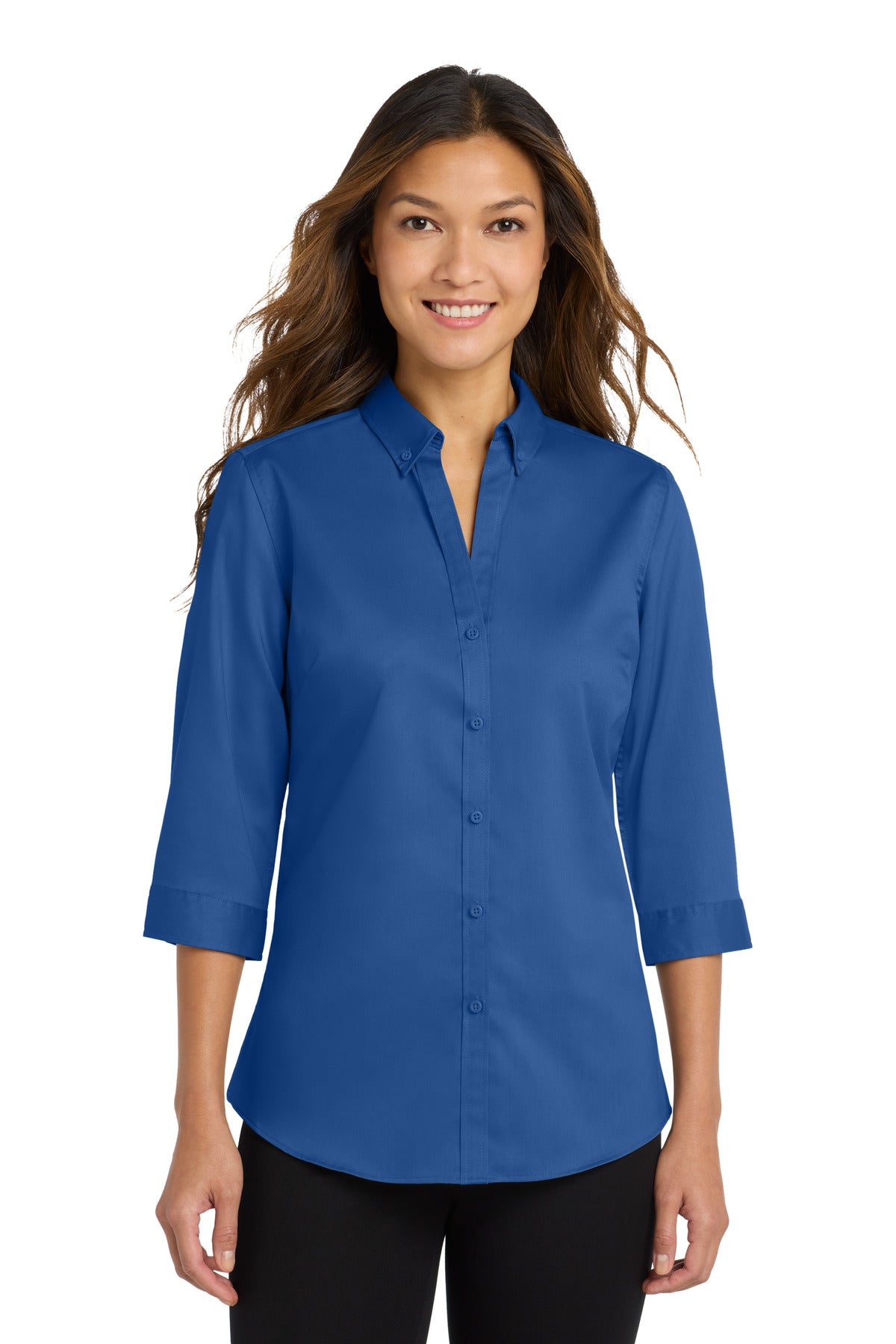 Custom True Blue Women's 3/4-Sleeve SuperPro Twill Shirt L665, personalized by SanCanDo Swag in Argyle, TX