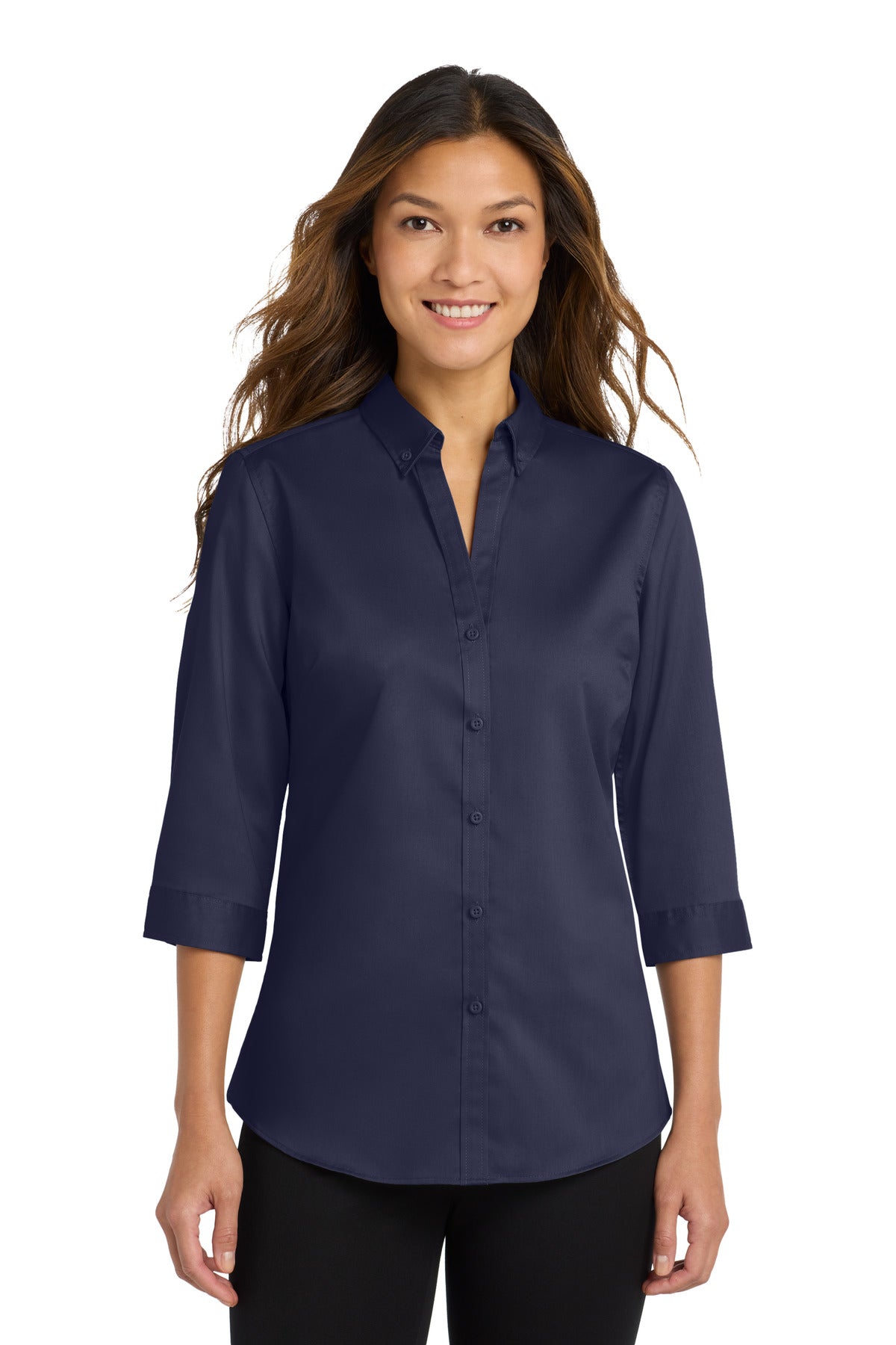 Custom True Navy Women's 3/4-Sleeve SuperPro Twill Shirt L665, personalized by SanCanDo Swag in Argyle, TX
