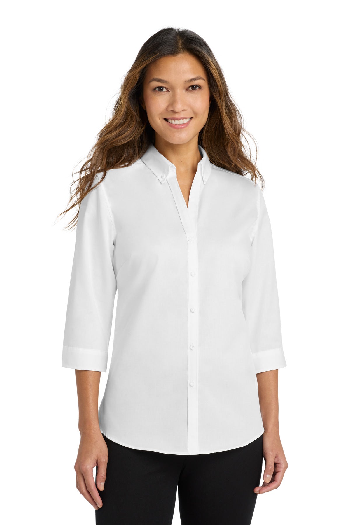 Custom White Women's 3/4-Sleeve SuperPro Twill Shirt L665, personalized by SanCanDo Swag in Argyle, TX