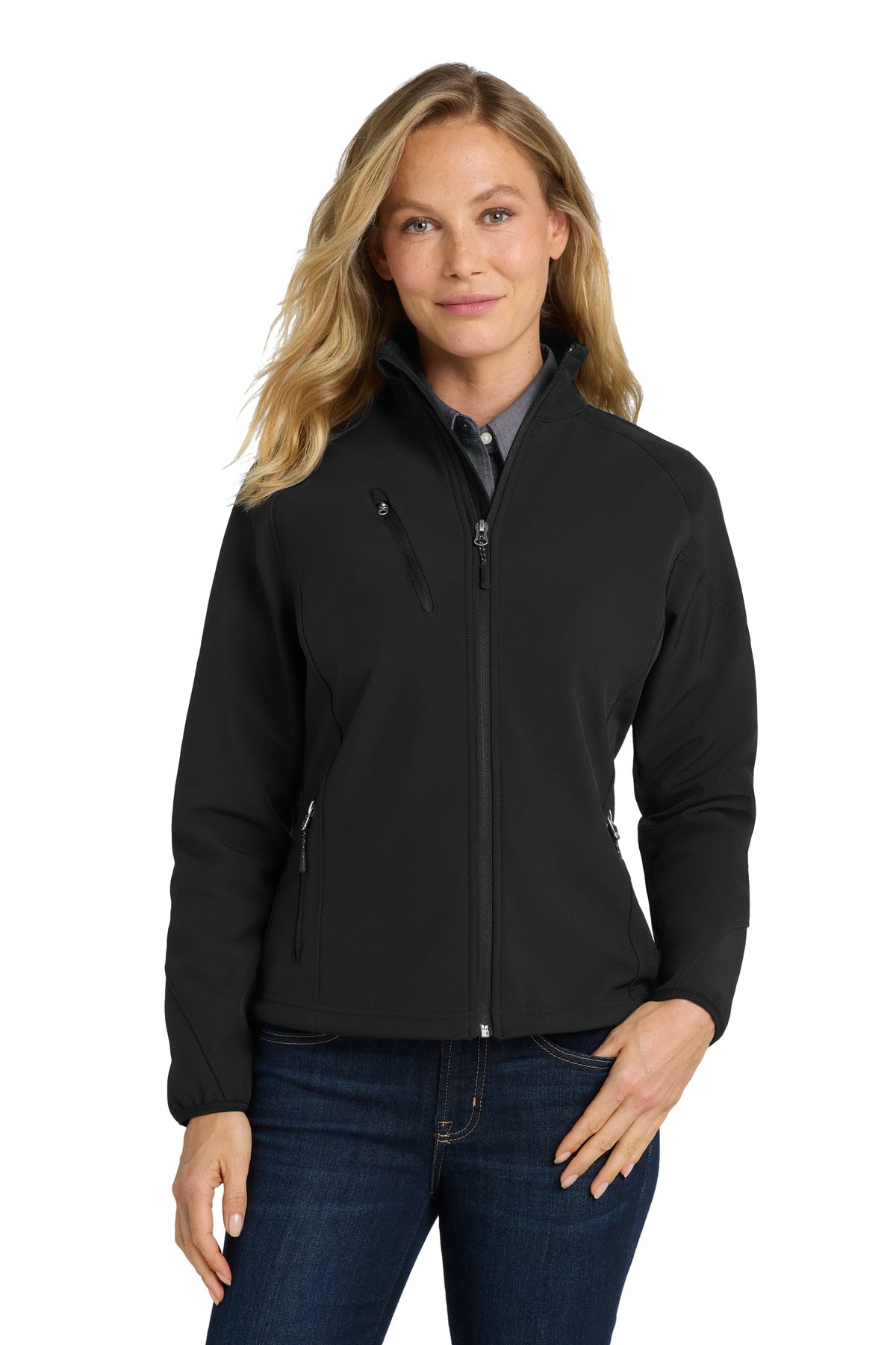 Custom Black Women's Textured Soft Shell Jacket L705, personalized by SanCanDo Swag in Argyle, TX
