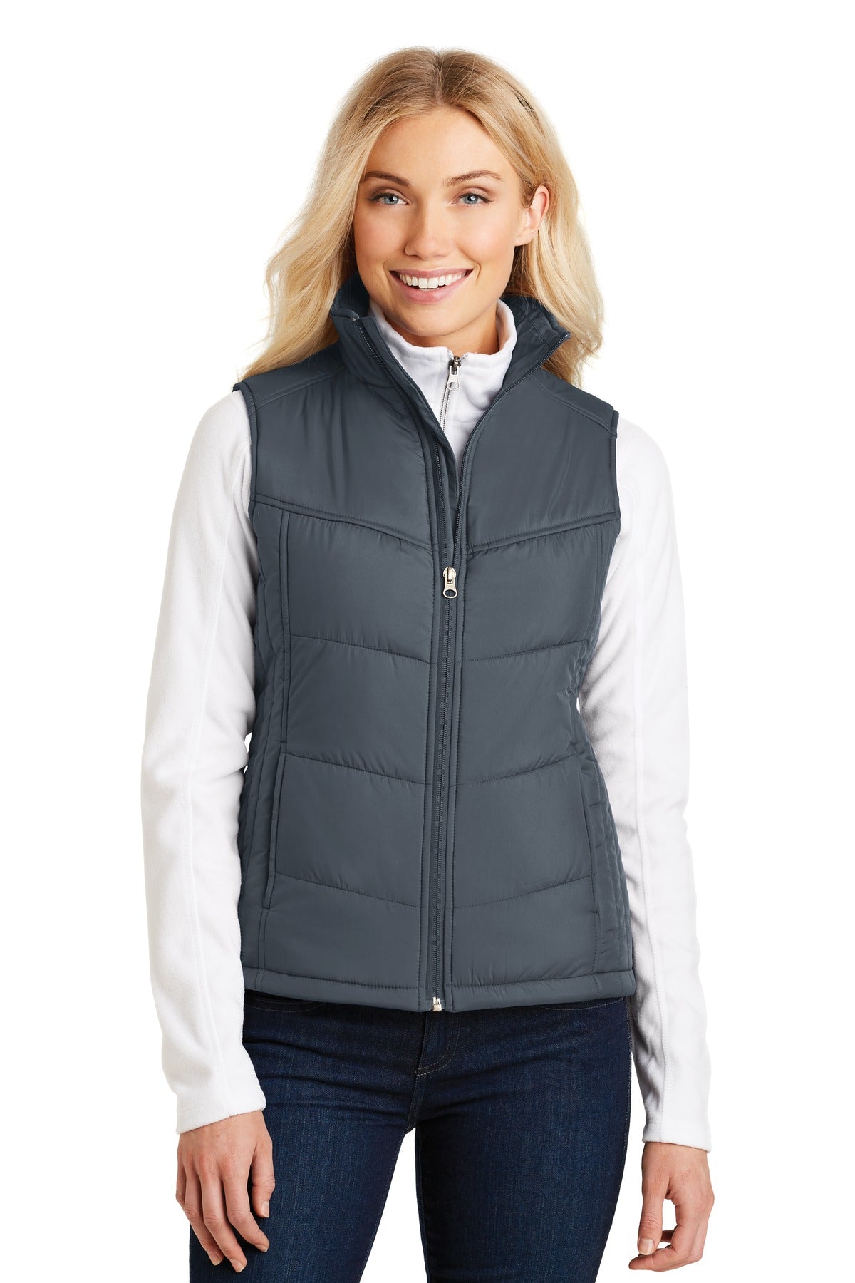 Custom Dark Slate/ Black Women's Puffy Vest L709, personalized by SanCanDo Swag in Argyle, TX