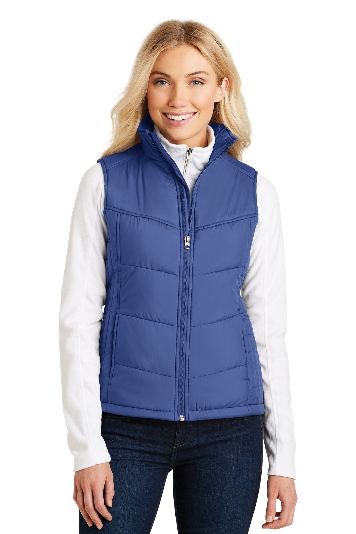 Custom Mediterranean Blue/ Black Women's Puffy Vest L709, personalized by SanCanDo Swag in Argyle, TX