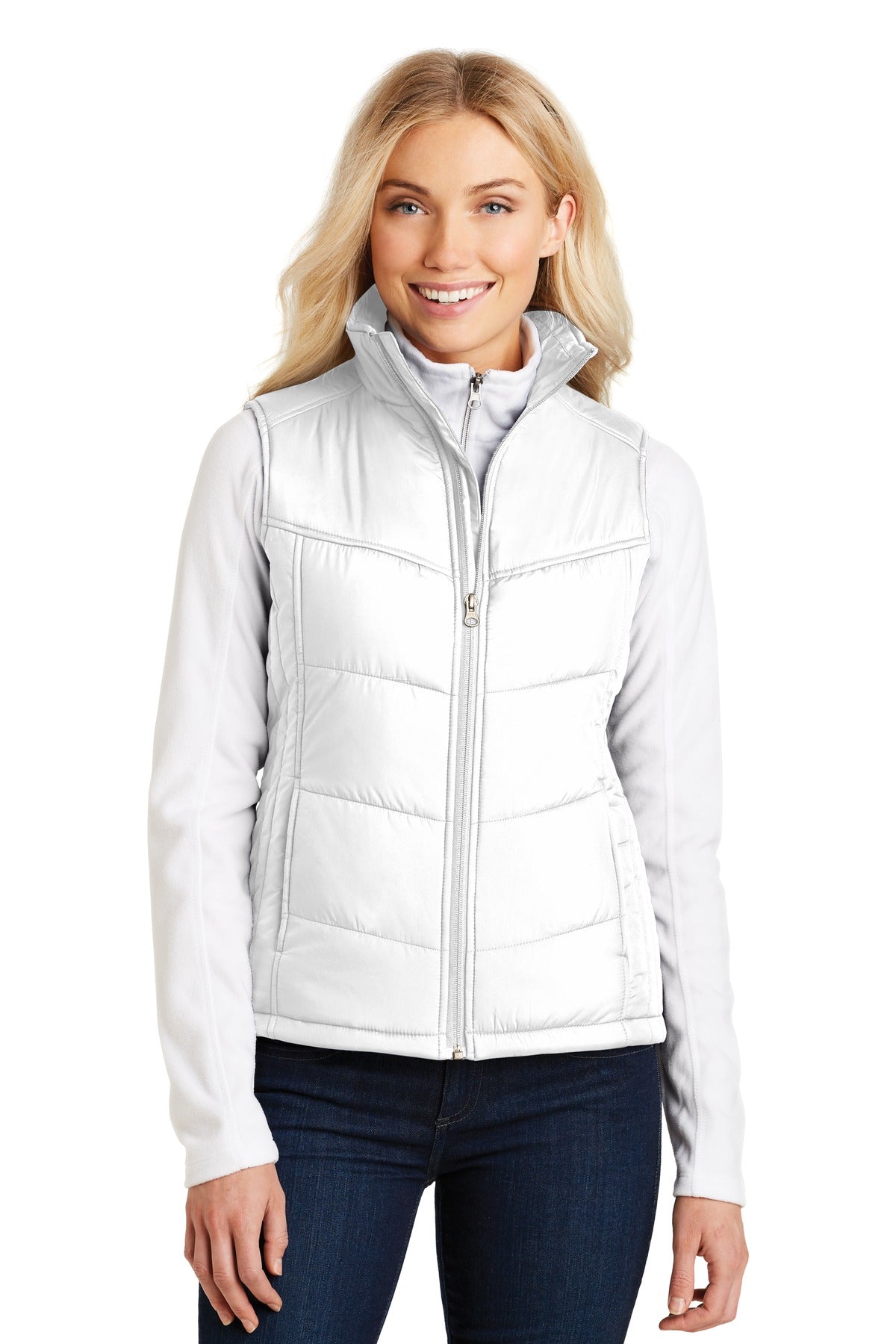 Custom White/ Dark Slate Women's Puffy Vest L709, personalized by SanCanDo Swag in Argyle, TX