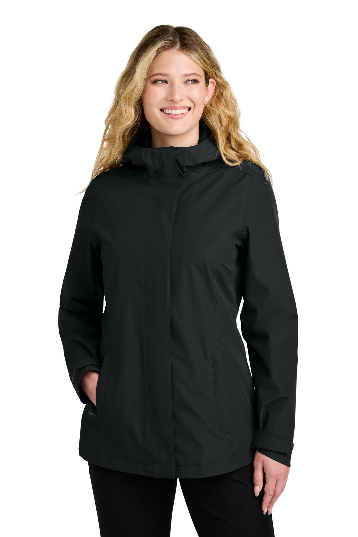 Custom Deep Black Women's C-FREE Rain Jacket L714, personalized by SanCanDo Swag in Argyle, TX