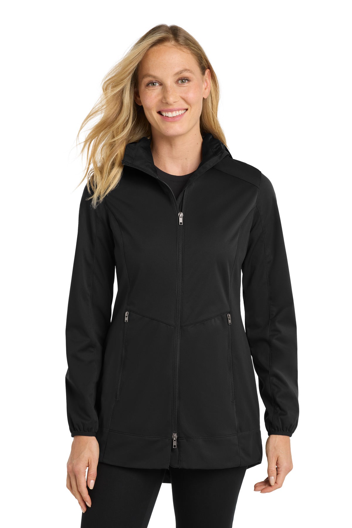 Custom Deep Black Women's Active Hooded Soft Shell Jacket L719, personalized by SanCanDo Swag in Argyle, TX