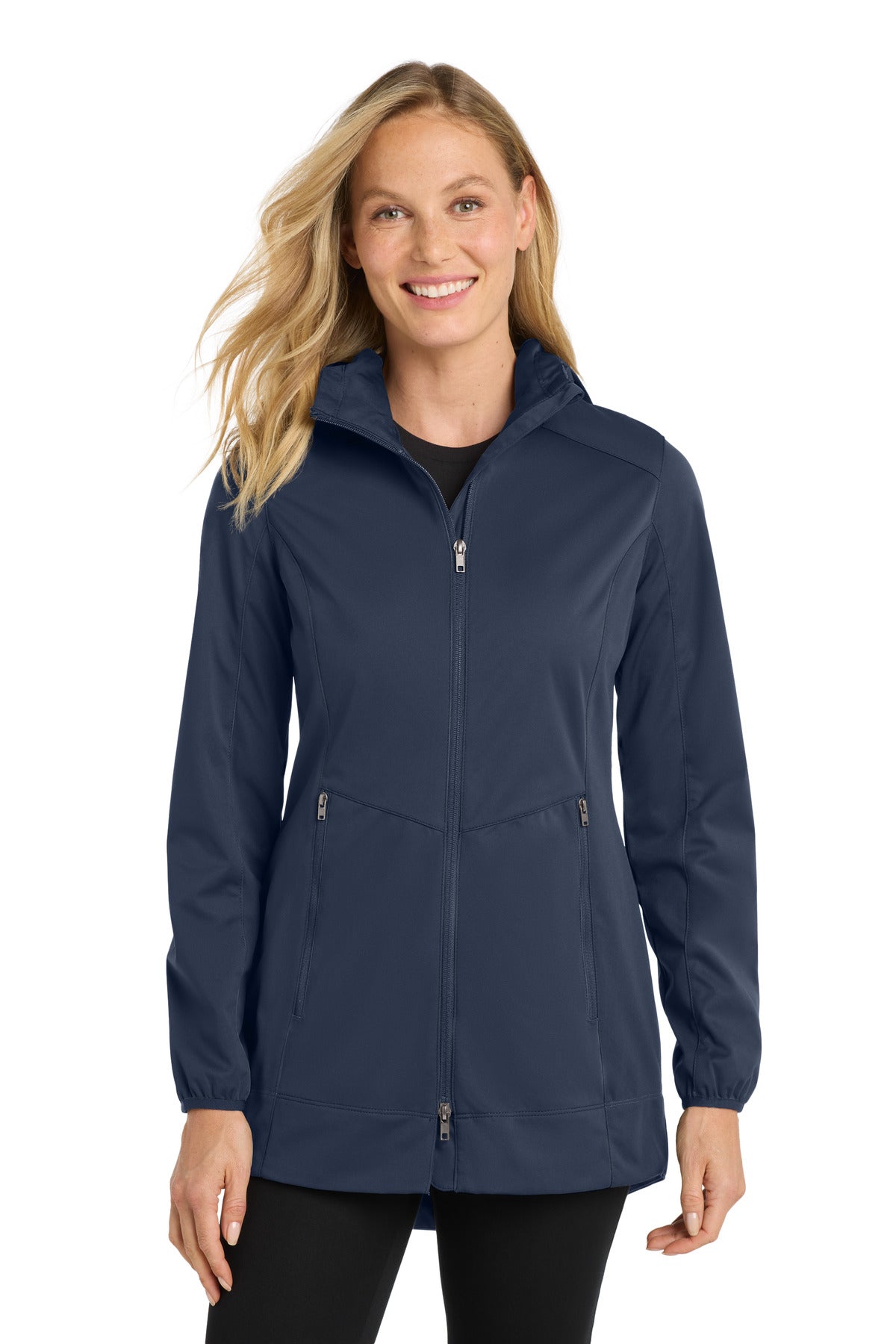 Custom Dress Blue Navy Women's Active Hooded Soft Shell Jacket L719, personalized by SanCanDo Swag in Argyle, TX
