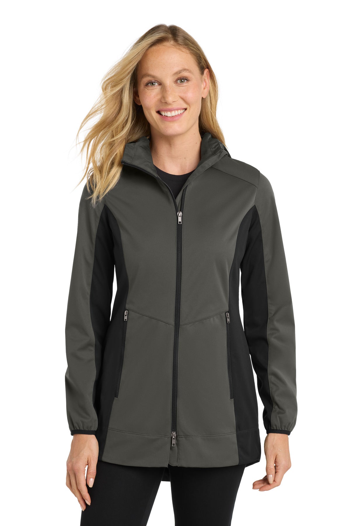 Custom Grey Steel/ Deep Black Women's Active Hooded Soft Shell Jacket L719, personalized by SanCanDo Swag in Argyle, TX