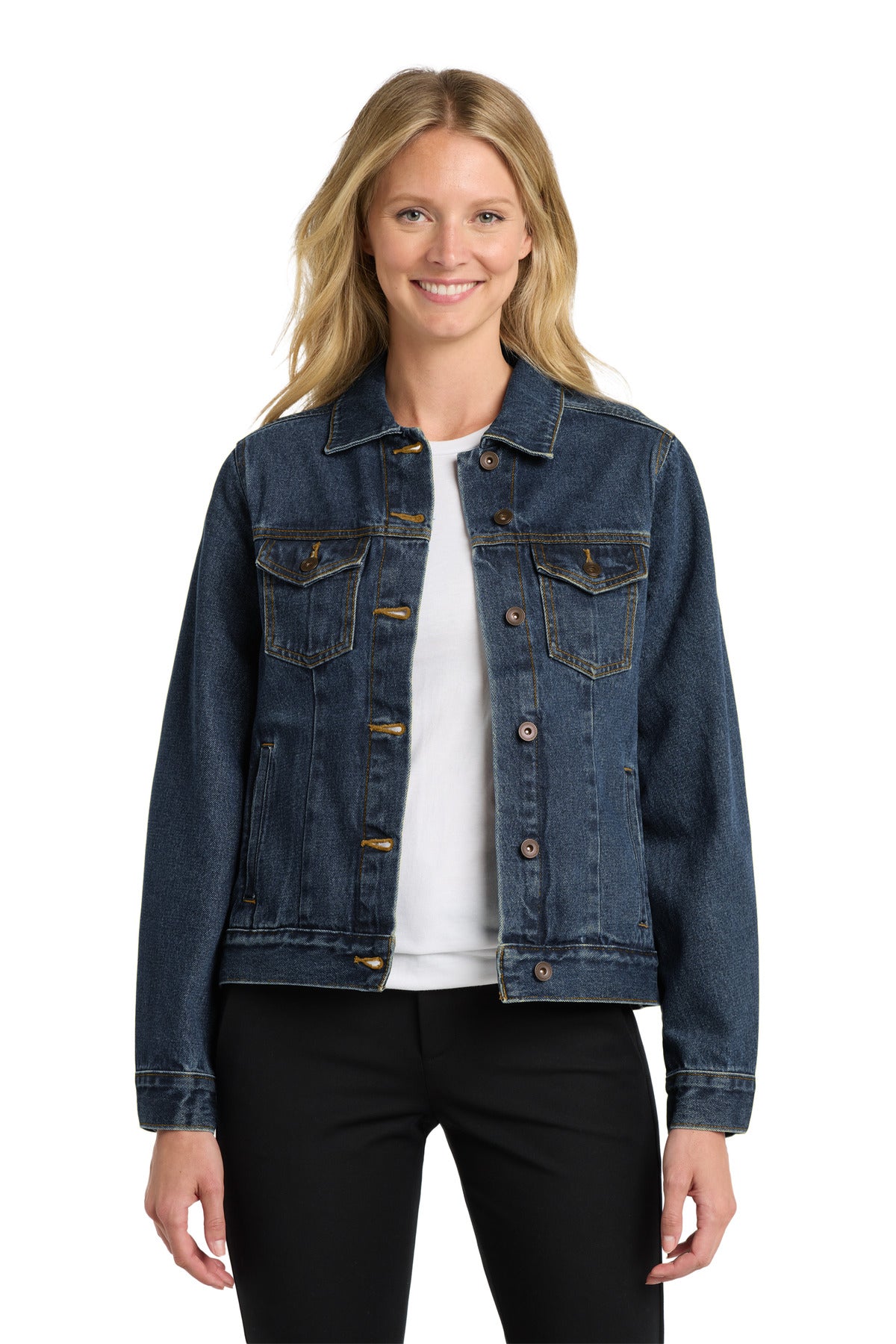Custom Denim Blue Women's Denim Jacket L7620, personalized by SanCanDo Swag in Argyle, TX