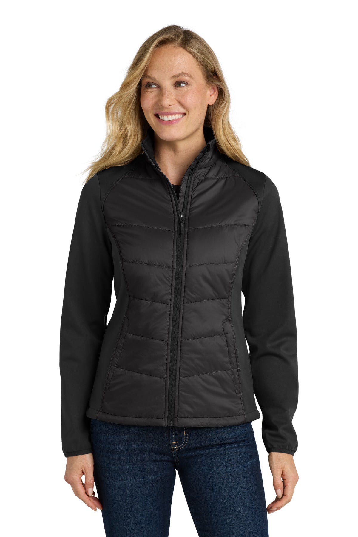 Custom Deep Black Women's Hybrid Soft Shell Jacket L787, personalized by SanCanDo Swag in Argyle, TX