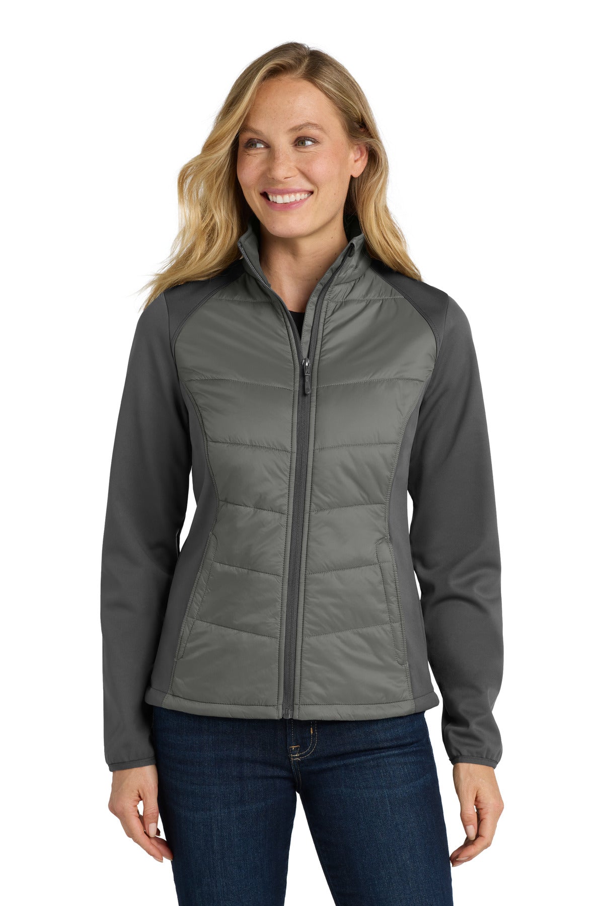 Custom Smoke Grey/ Grey Steel Women's Hybrid Soft Shell Jacket L787, personalized by SanCanDo Swag in Argyle, TX