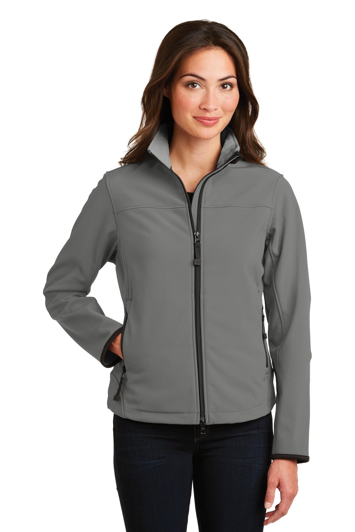 Custom Smoke Grey/ Chrome Women's Glacier Soft Shell Jacket L790, personalized by SanCanDo Swag in Argyle, TX