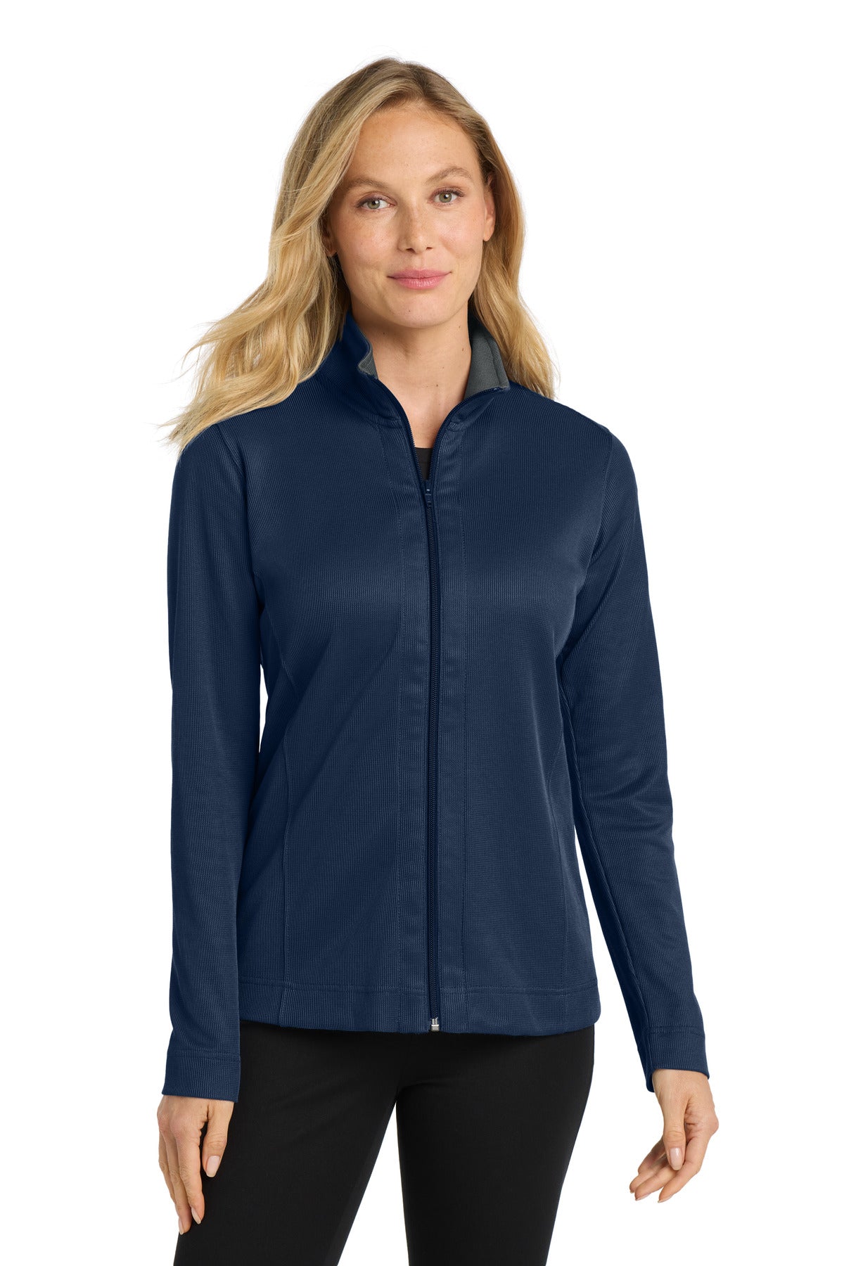 Custom True Navy/ Iron Grey Women's Vertical Texture Full-Zip Jacket L805, personalized by SanCanDo Swag in Argyle, TX